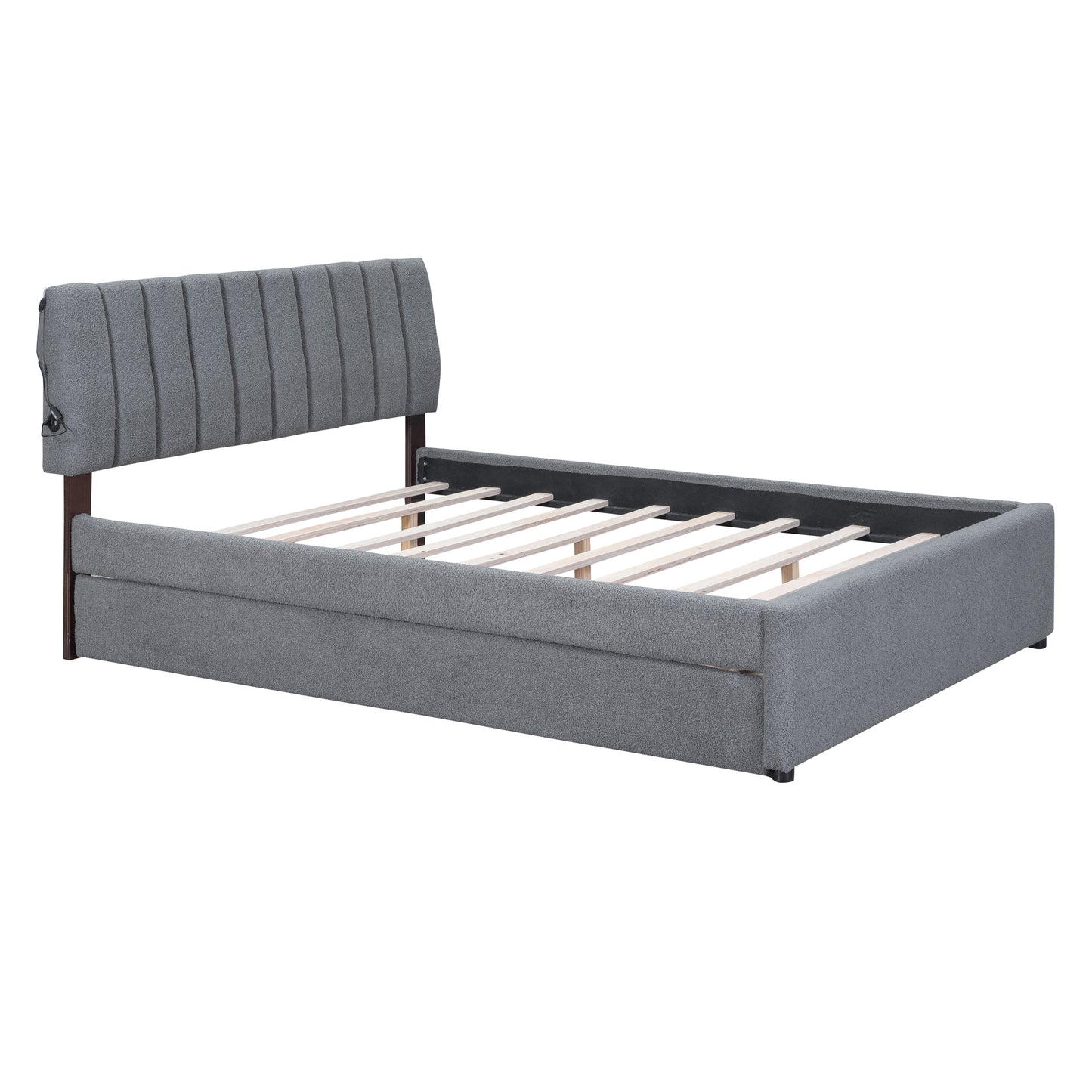 Modern upholstered grey bed frame with channeltufted headboard and wooden slats