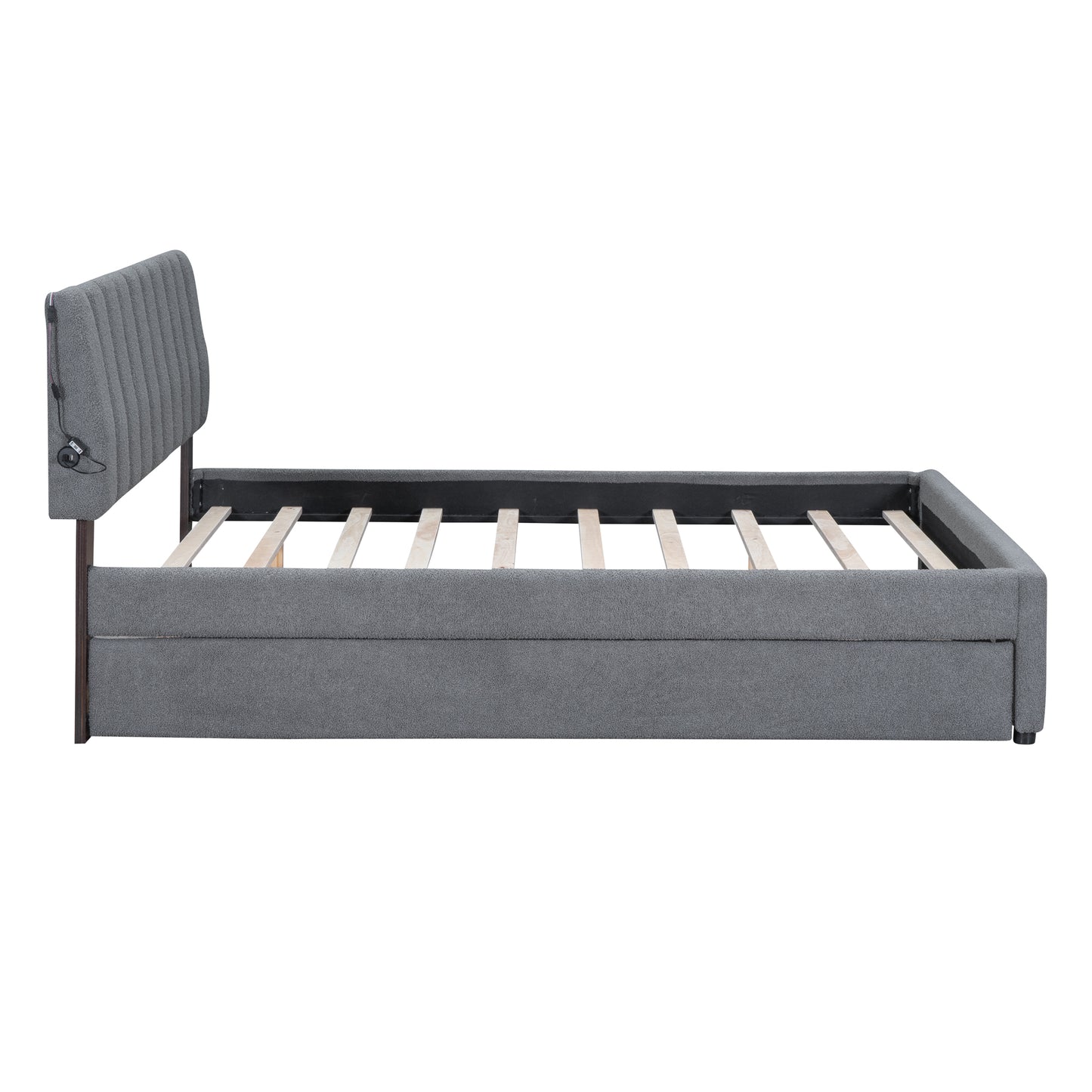 Gray upholstered platform bed frame with tufted headboard