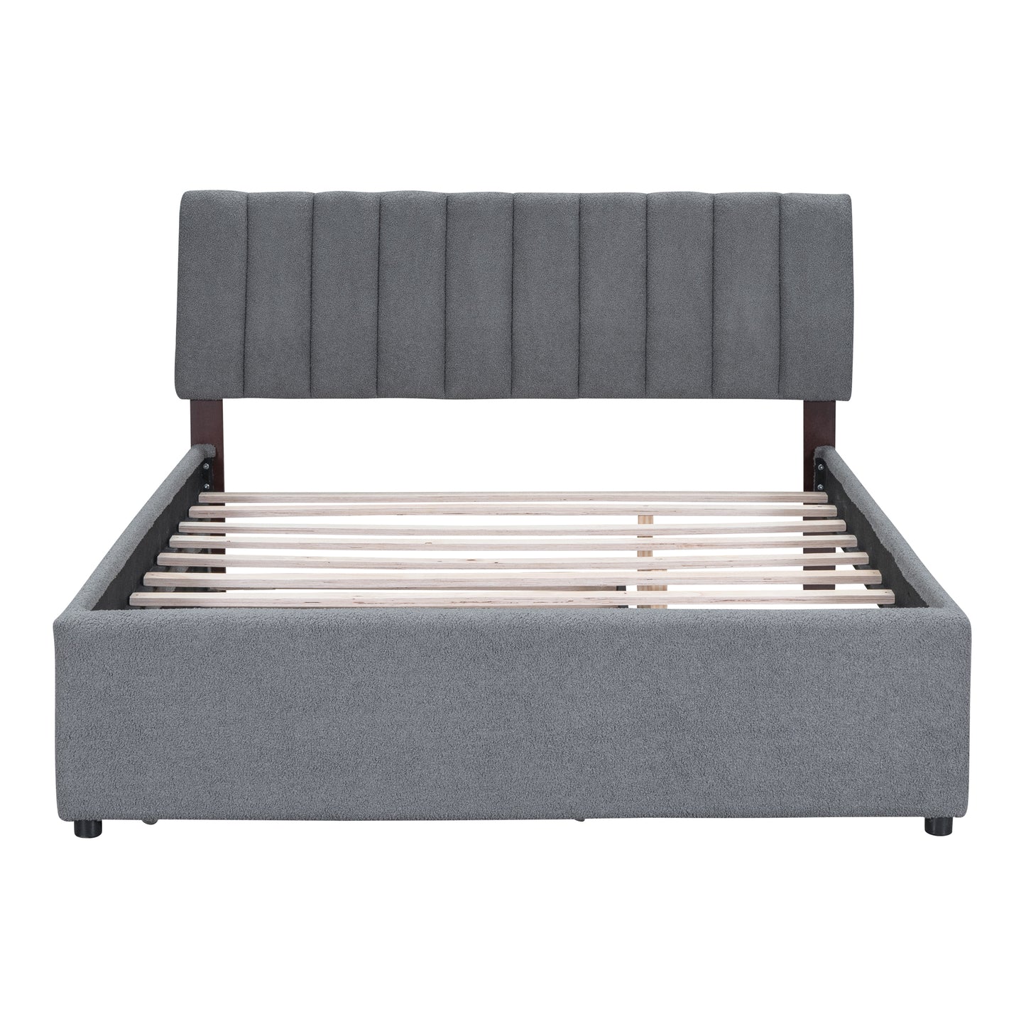Grey fabric bed frame with channeltufted headboard and wooden slats