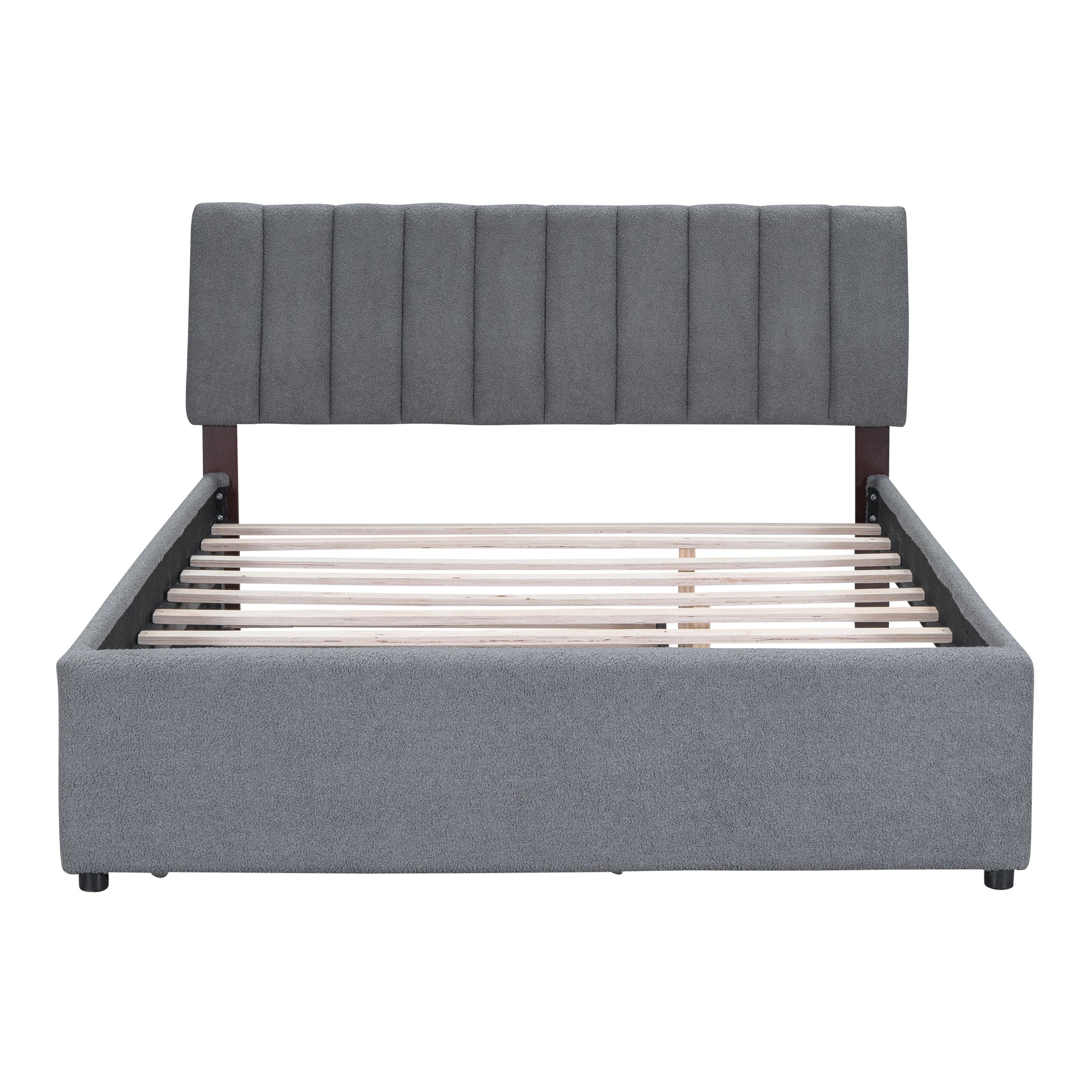 Grey fabric bed frame with channeltufted headboard and wooden slats