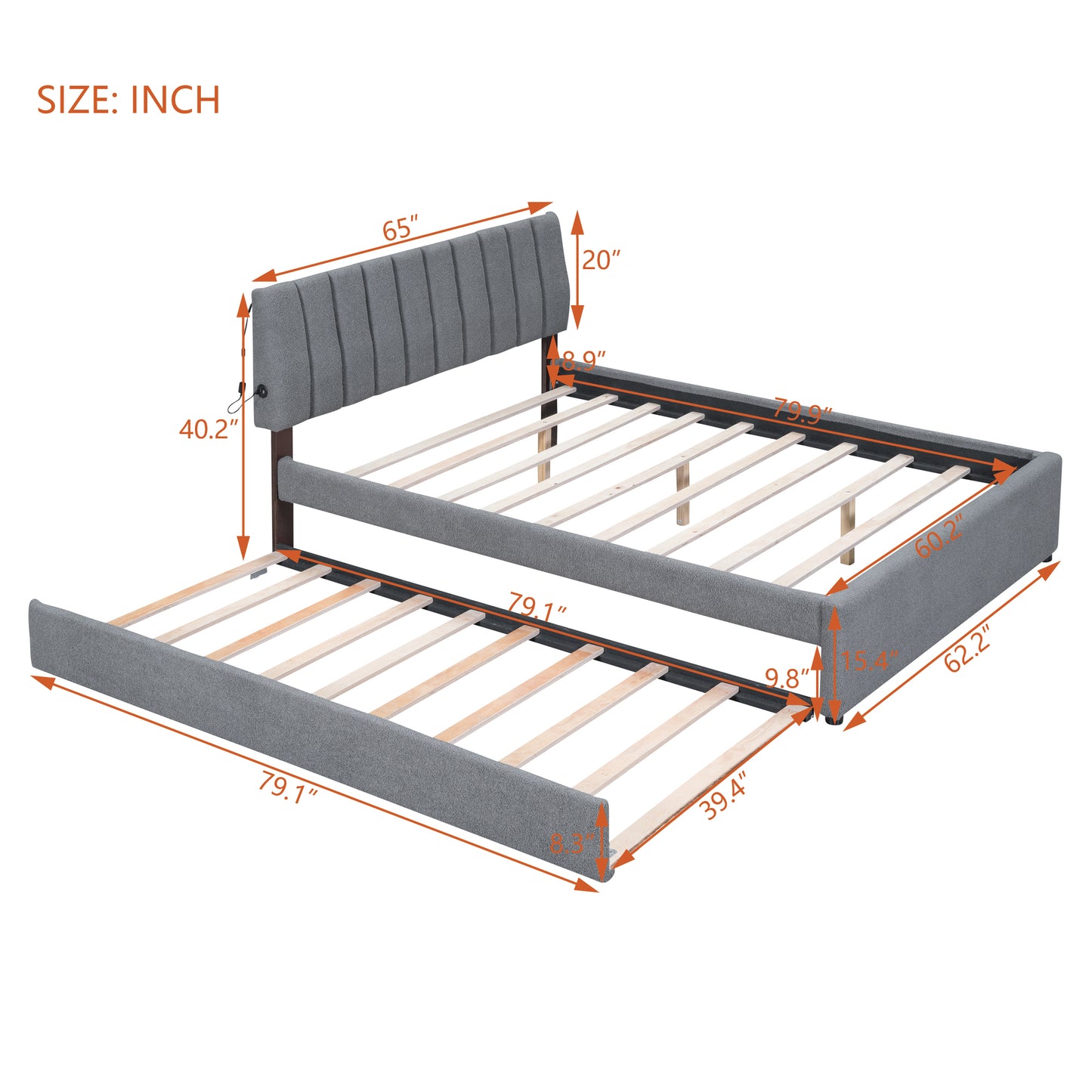 Gray upholstered bed frame with pullout trundle and plush headboard dimensions shown
