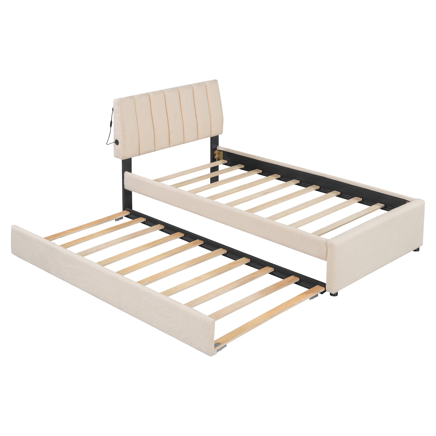 Beige upholstered bed frame with pullout trundle and adjustable headboard