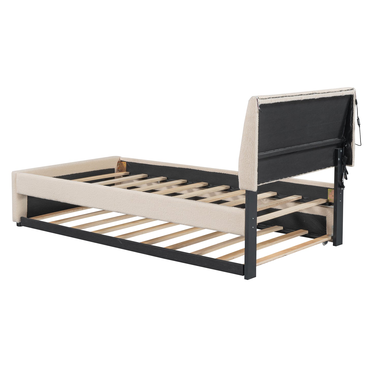 Cream boucle twin bed frame with wooden slats and metal legs