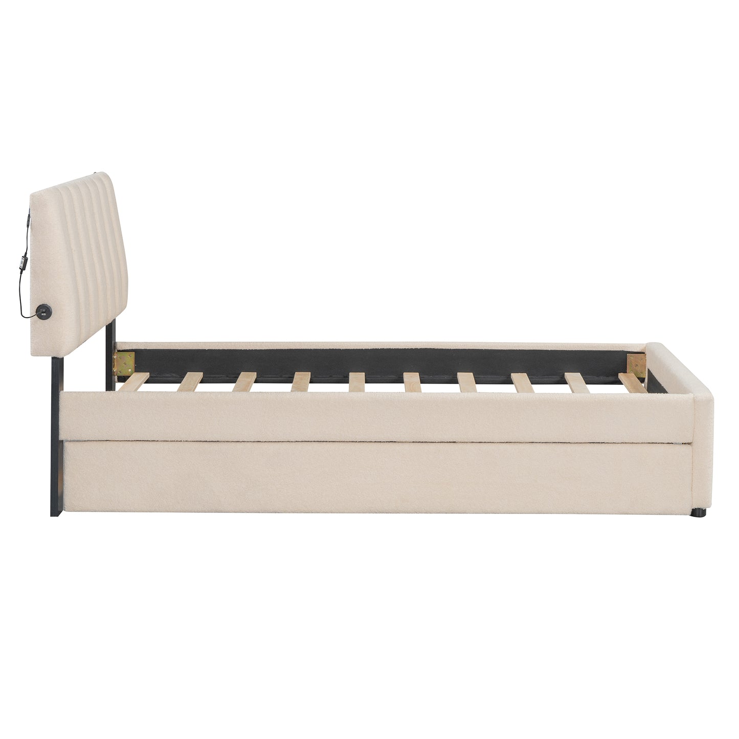Beige upholstered bed frame with USB charging ports on headboard