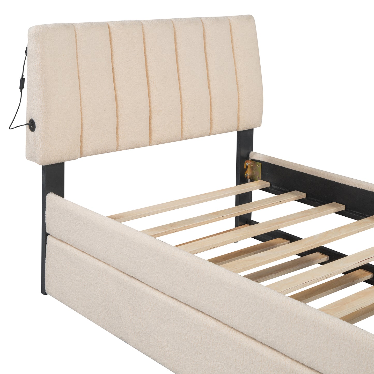 Cream upholstered headboard with integrated USB ports on upholstered platform bed frame