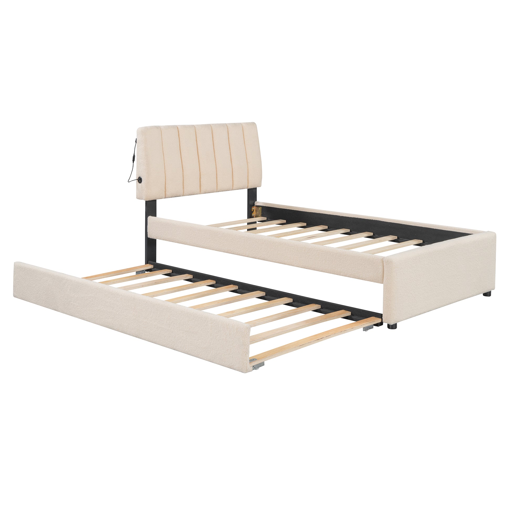 Beige upholstered twin trundle bed frame with channeled headboard and wooden slats