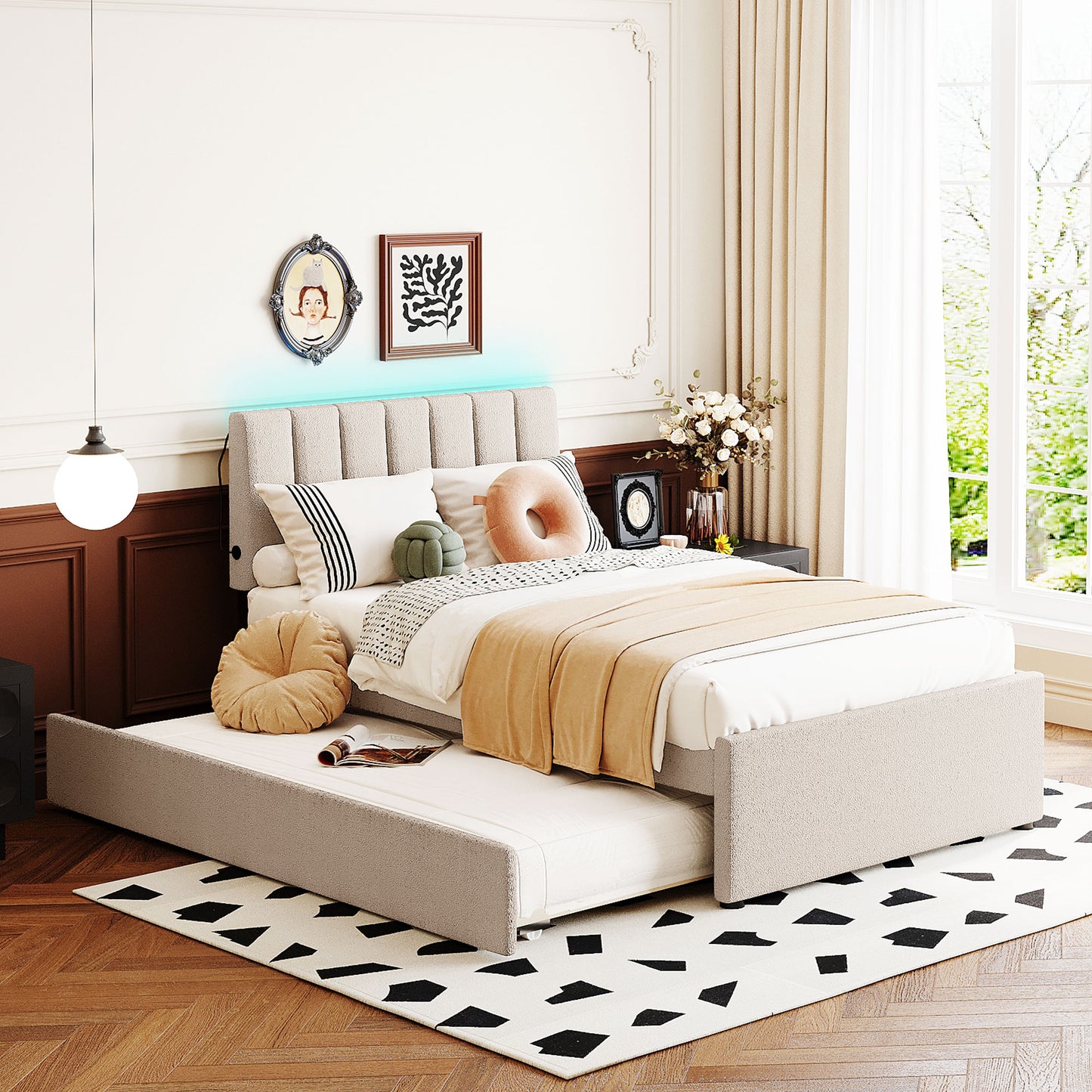 Textured grey upholstered bed frame with pullout trundle
