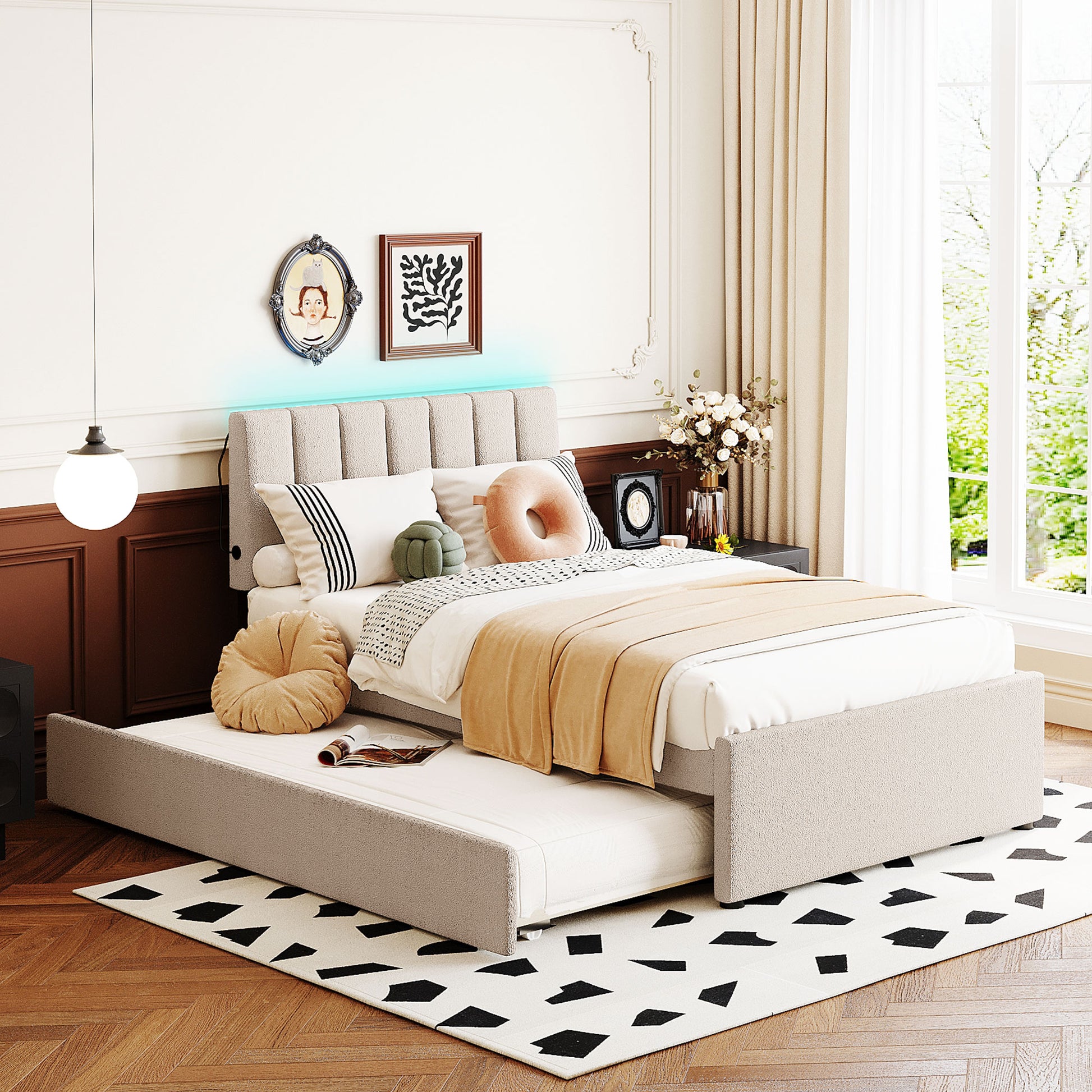Textured grey upholstered bed frame with pullout trundle