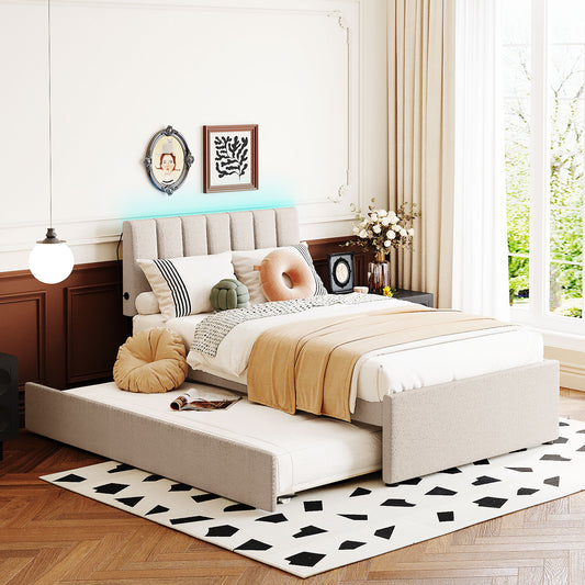 Textured grey upholstered bed frame with pullout trundle