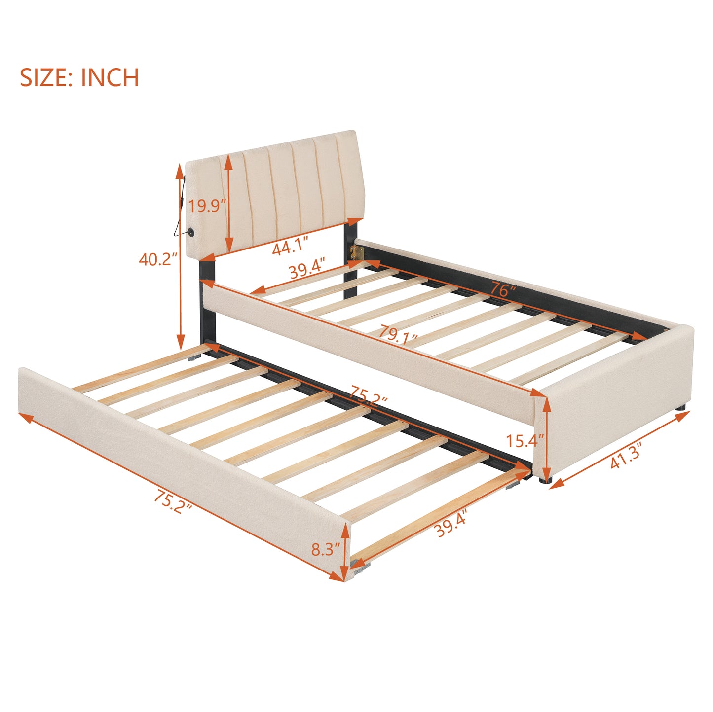Cream upholstered twin daybed with pullout trundle offering versatile sleeping space