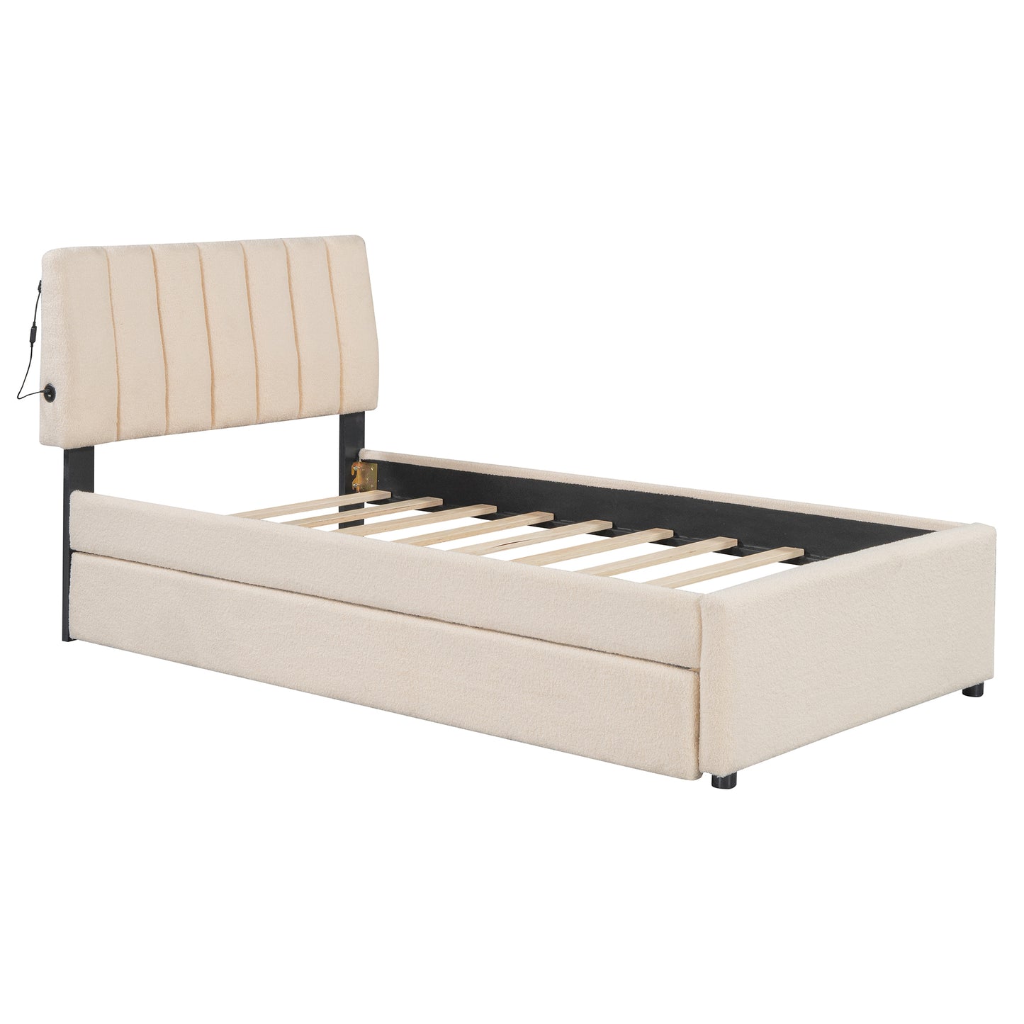 Cream upholstered twin bed frame with vertical channel headboard and USB port