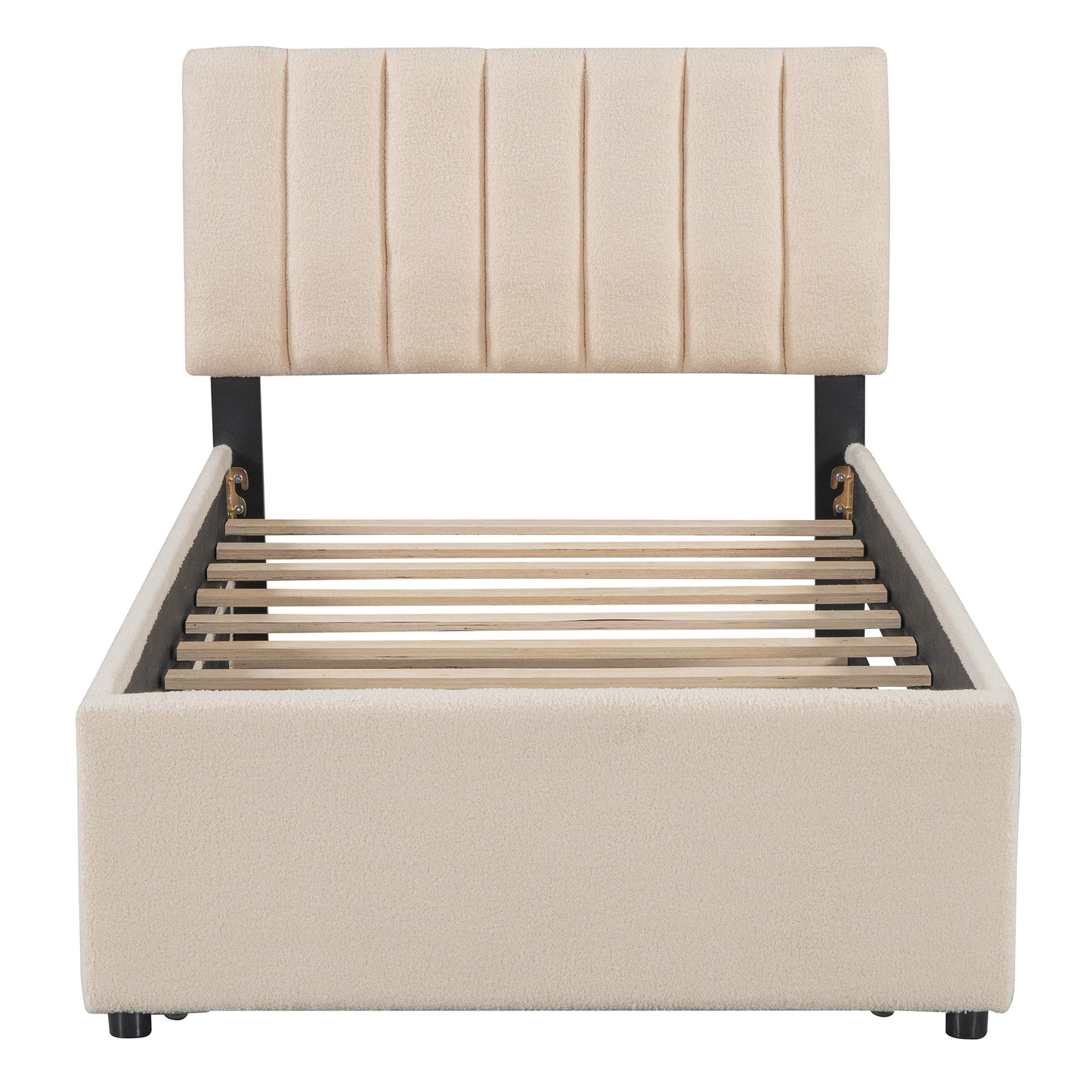 Cream boucle upholstered bed frame with vertical channel tufting on headboard