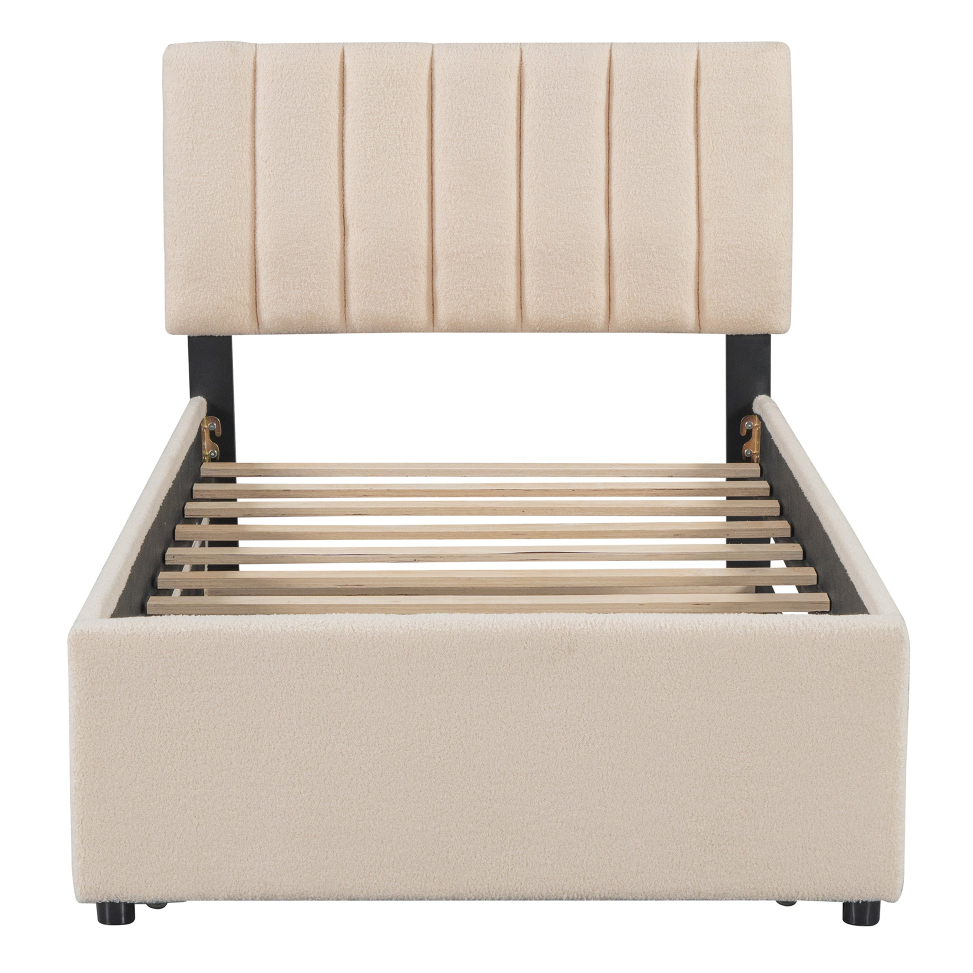 Cream boucle upholstered bed frame with vertical channel tufting on headboard
