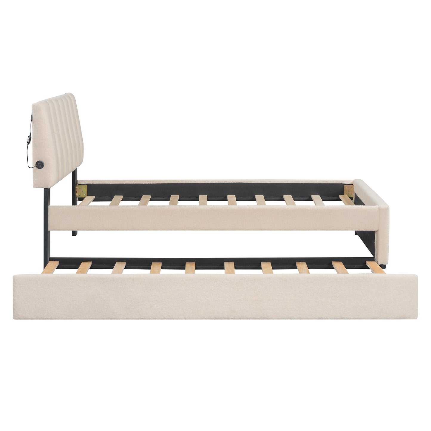 Beige upholstered twin daybed with pullout trundle and builtin USB charging port