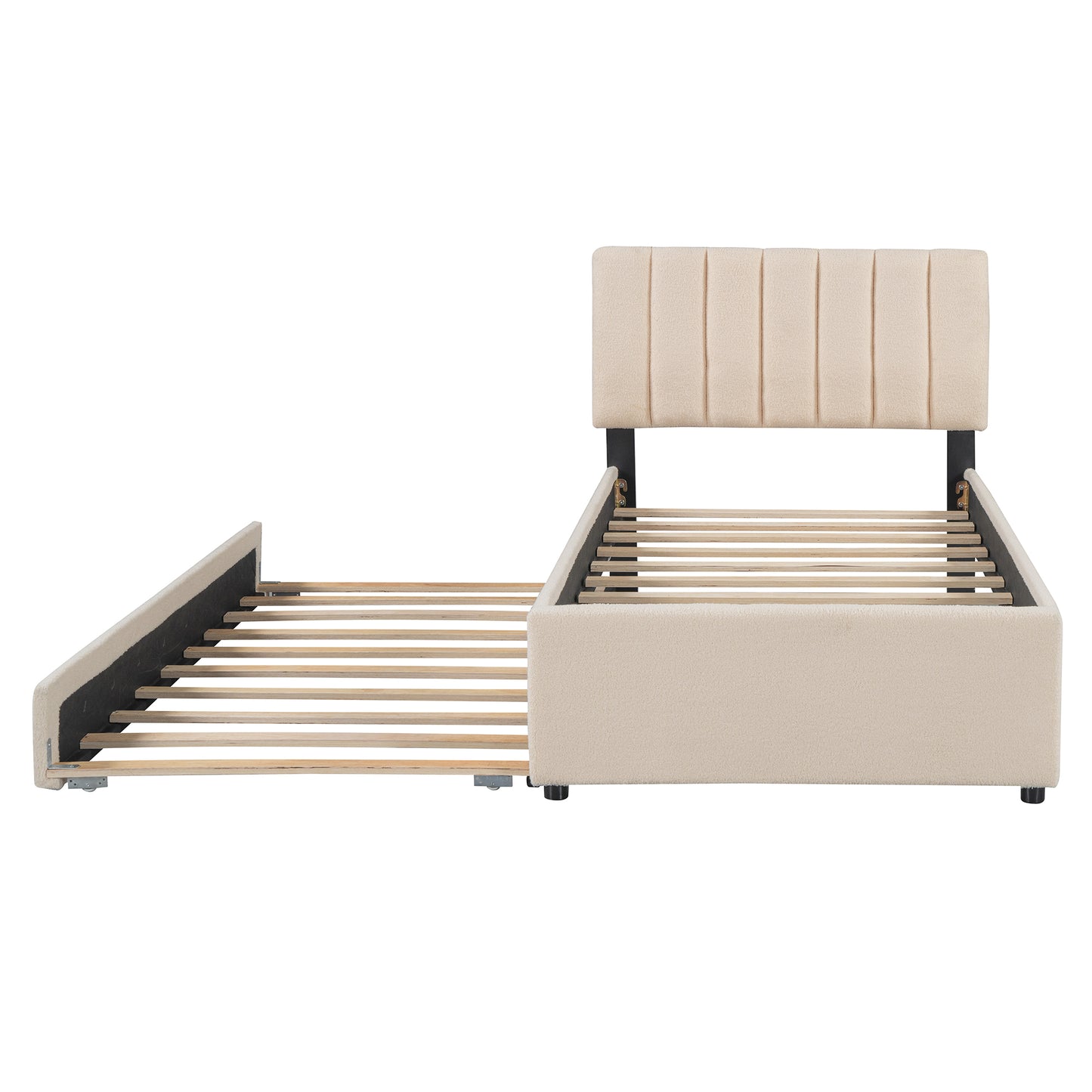 Beige upholstered twin bed frame with pullout trundle
