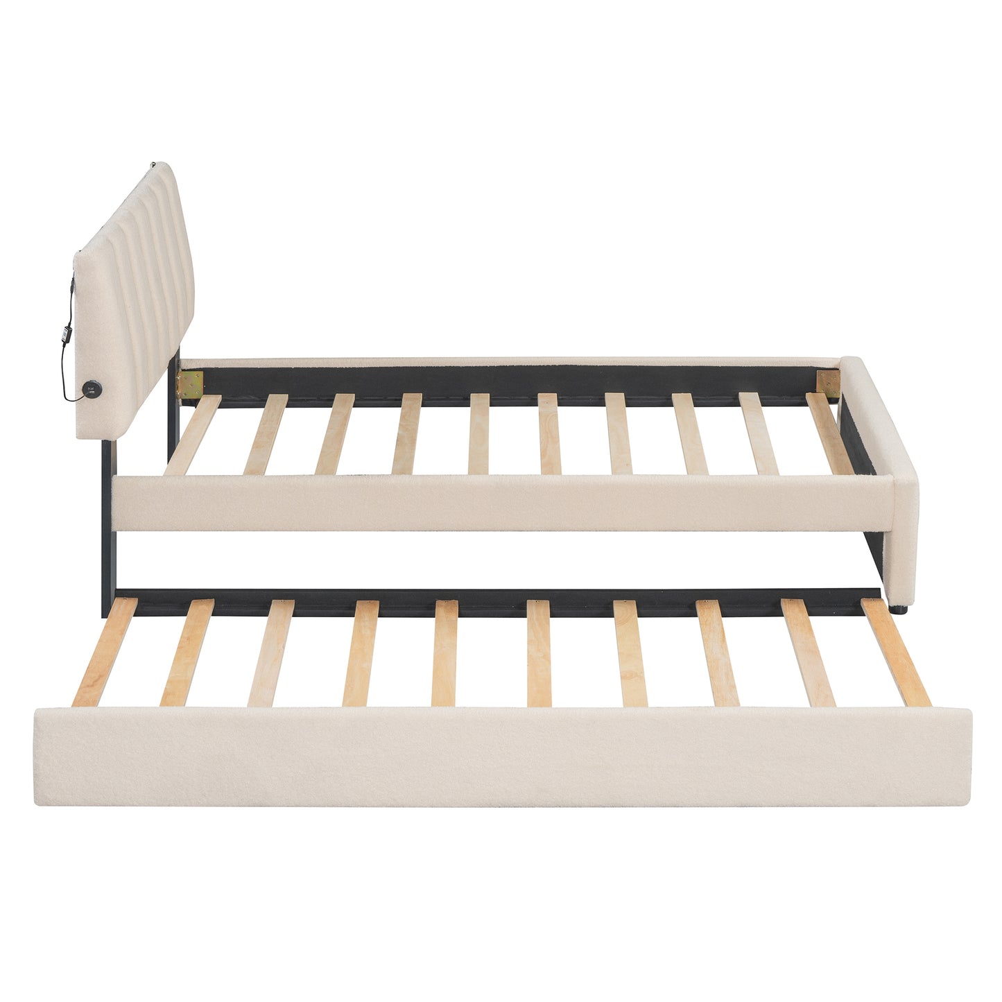 Beige upholstered daybed frame with pullout trundle
