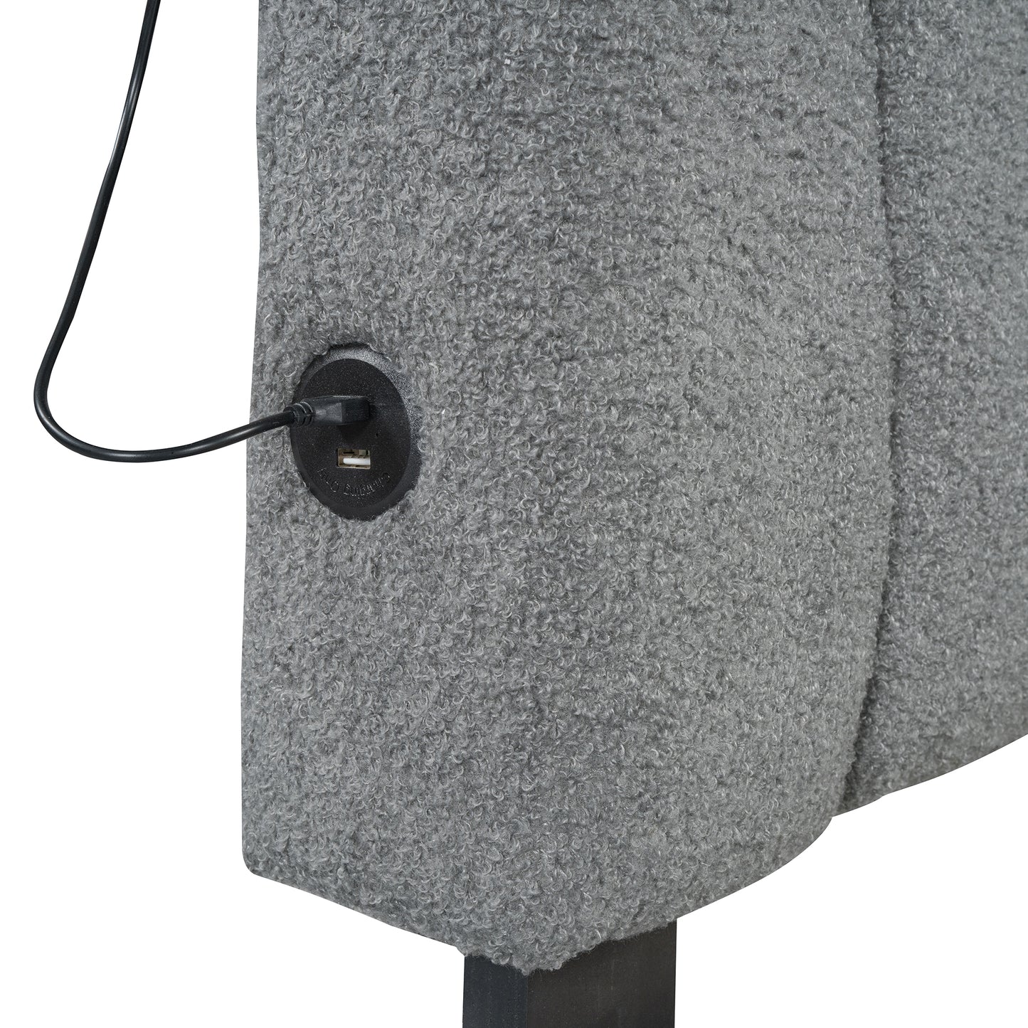 Gray boucle fabric accent chair with builtin USB charging port