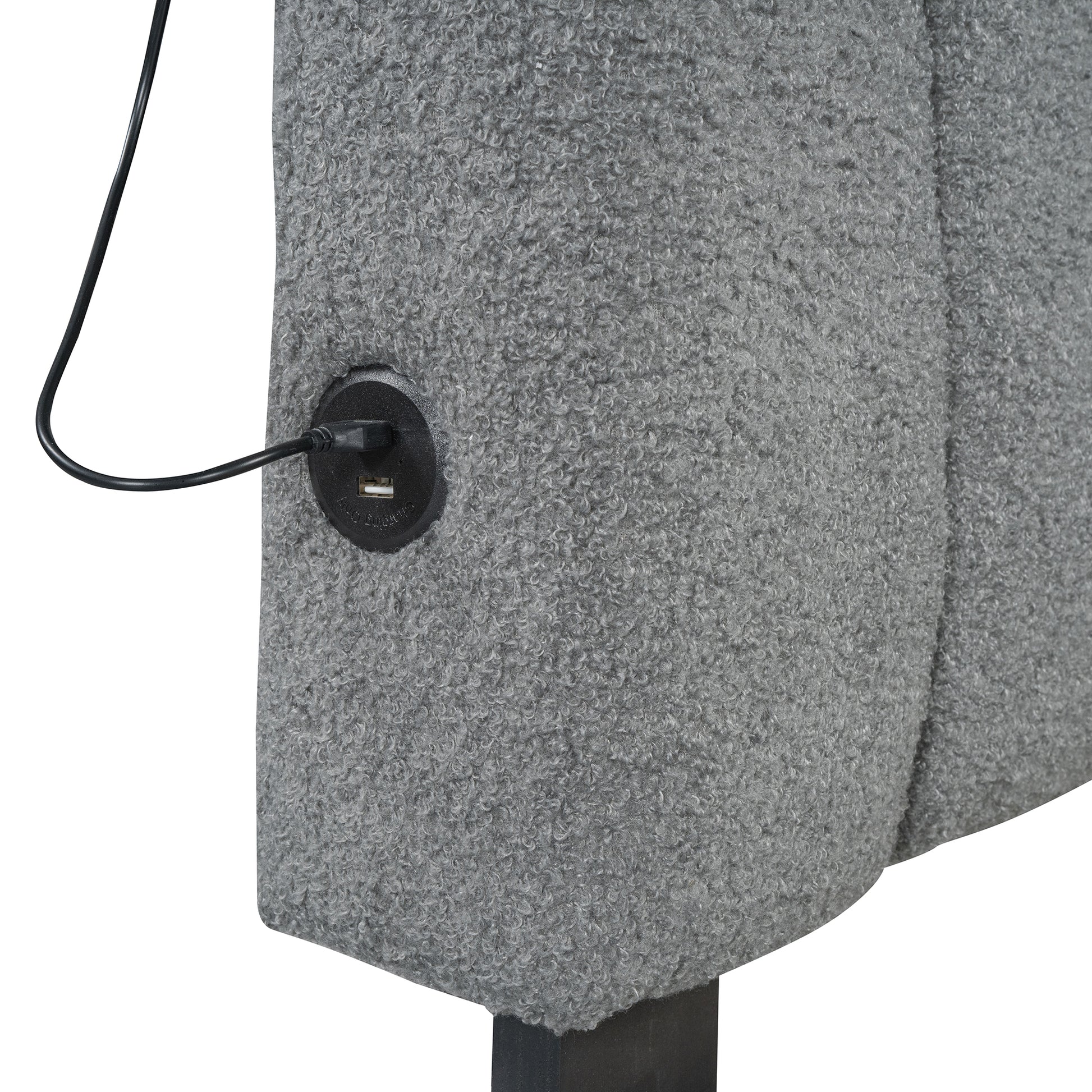 Gray boucle fabric accent chair with builtin USB charging port