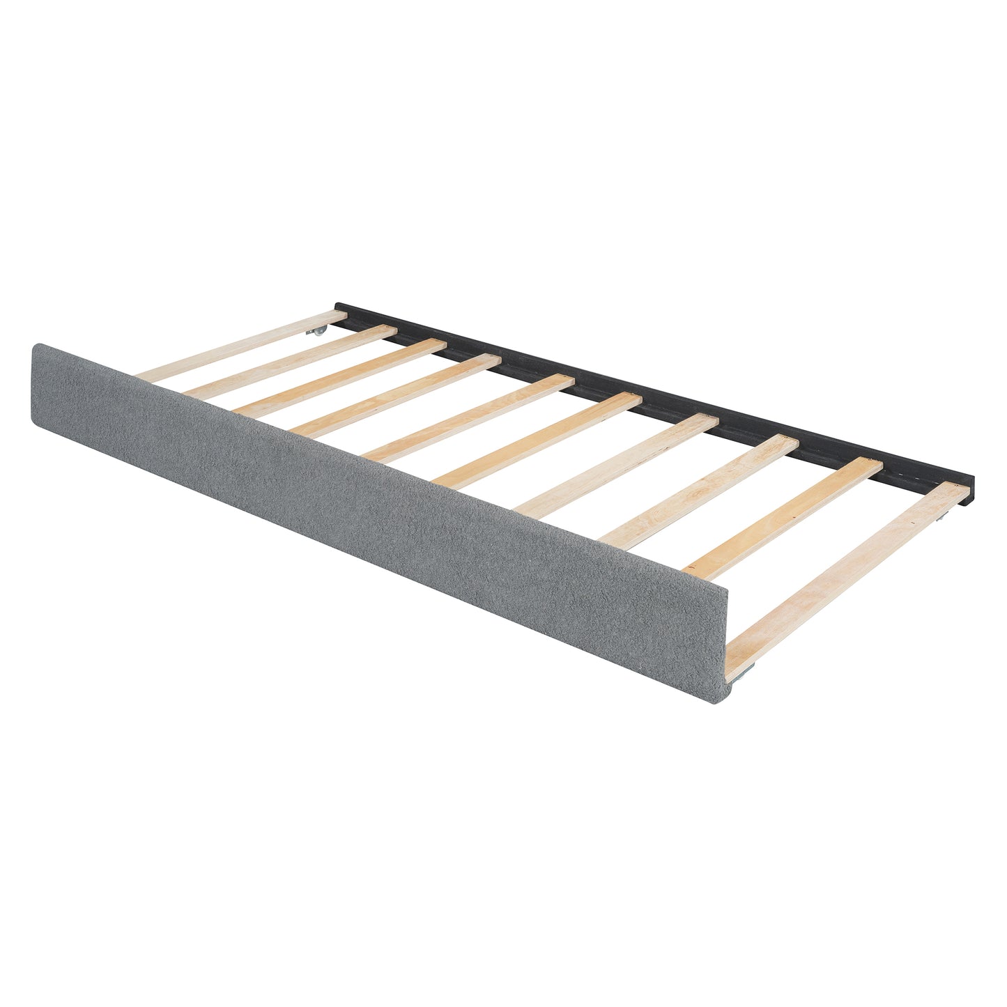 Grey upholstered bed frame with wooden slats