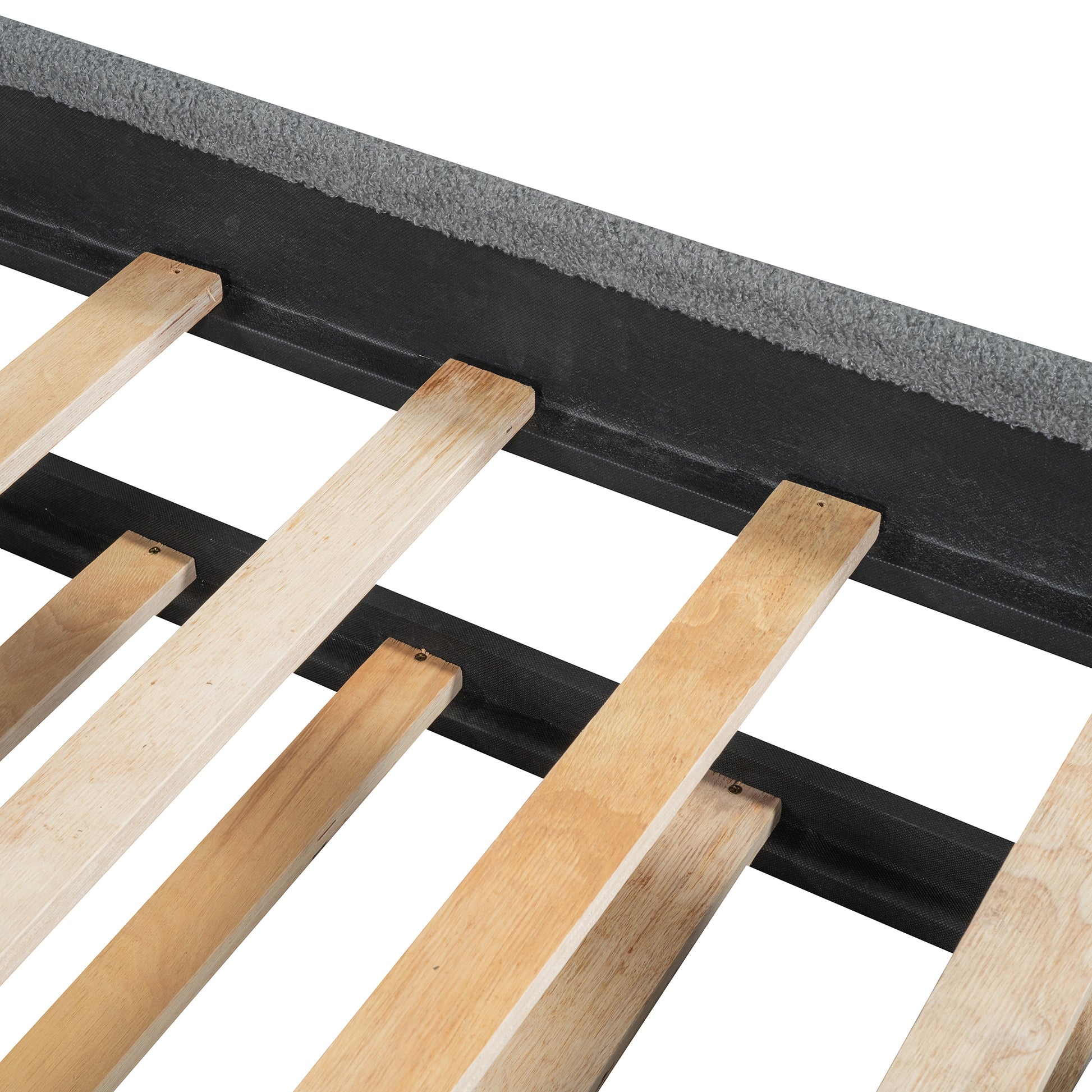 Wooden bed slats with gray upholstered frame