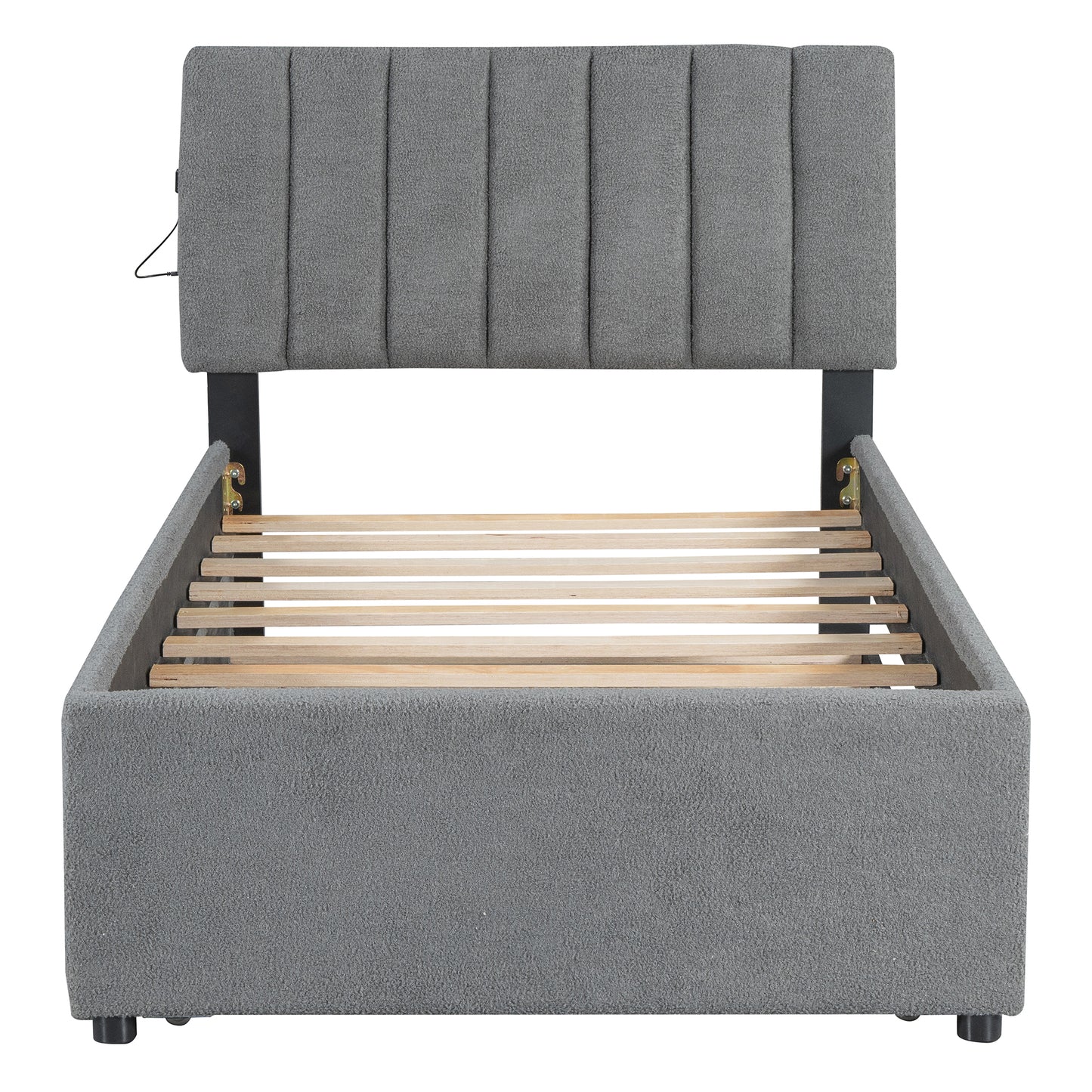 Grey upholstered bed frame with channeltufted headboard and wooden slats