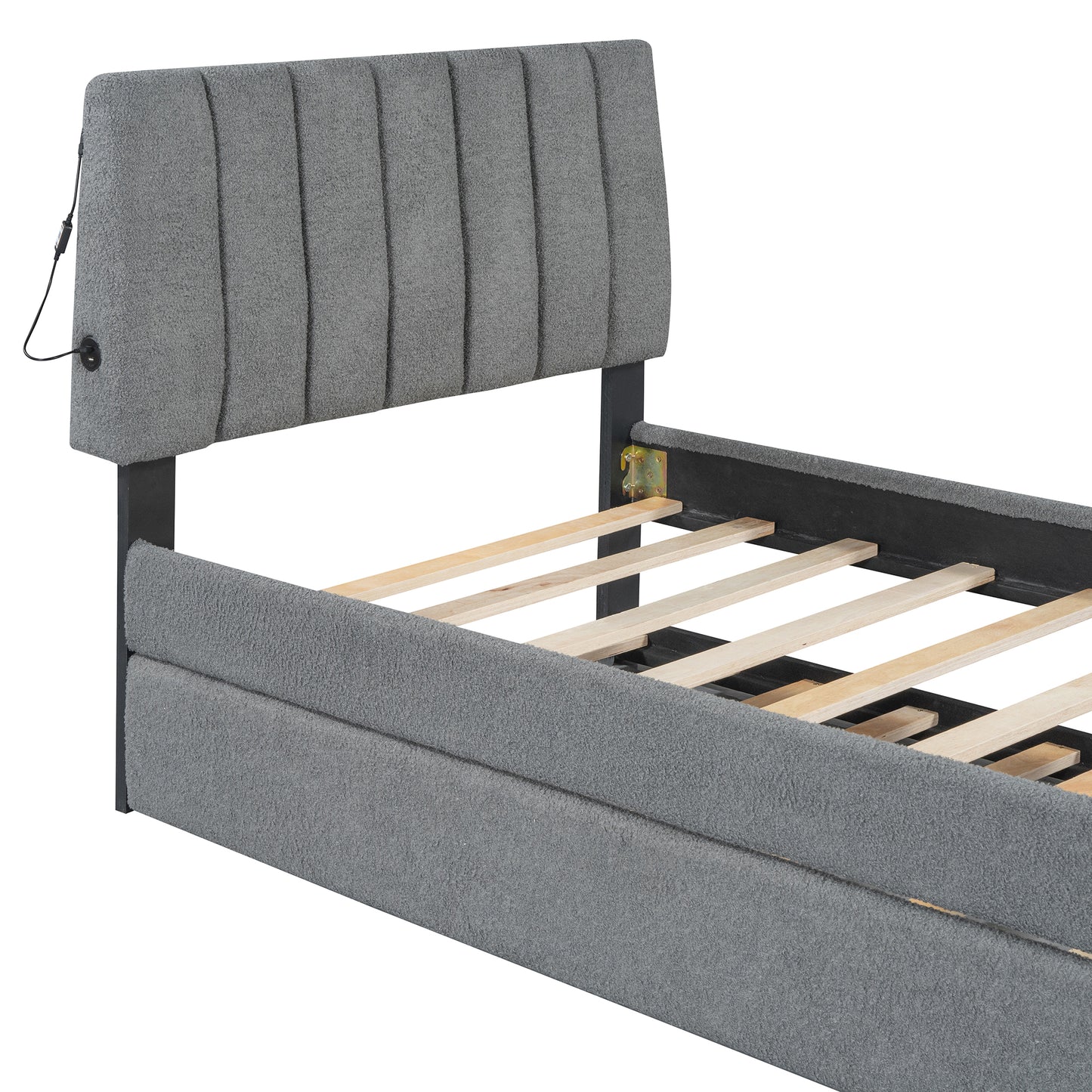 Upholstered grey bed frame with integrated USB ports and LED light