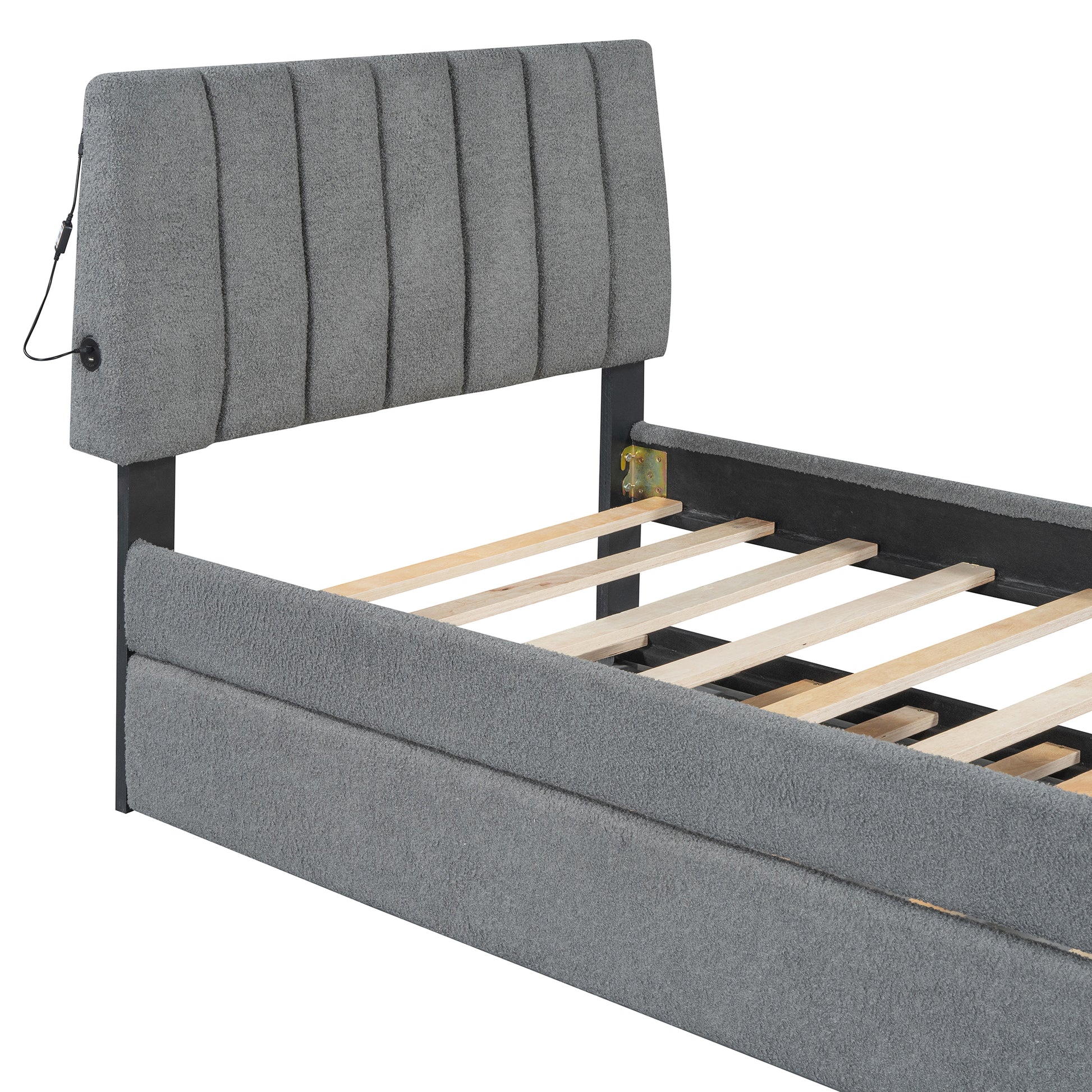 Upholstered grey bed frame with integrated USB ports and LED light