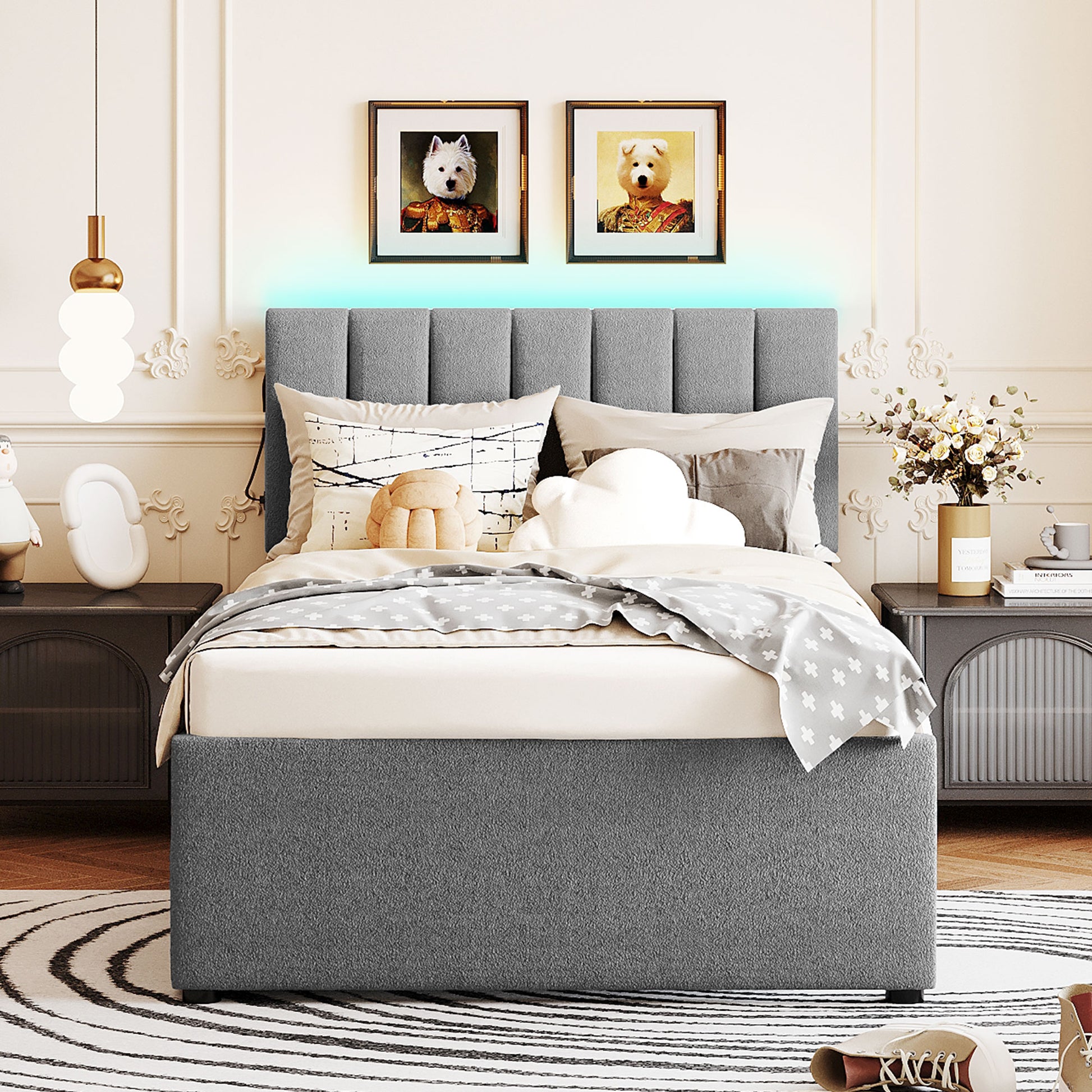 Grey upholstered platform bed with tufted headboard and LED lighting