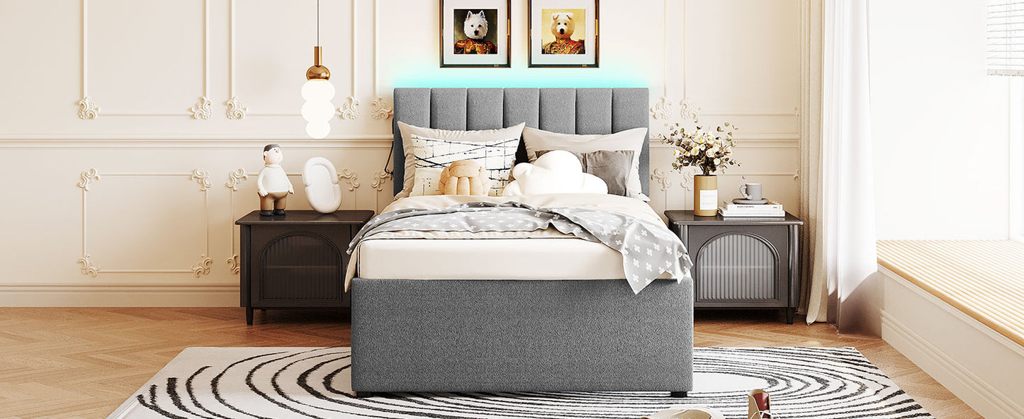 Grey upholstered bed frame with tufted headboard and storage