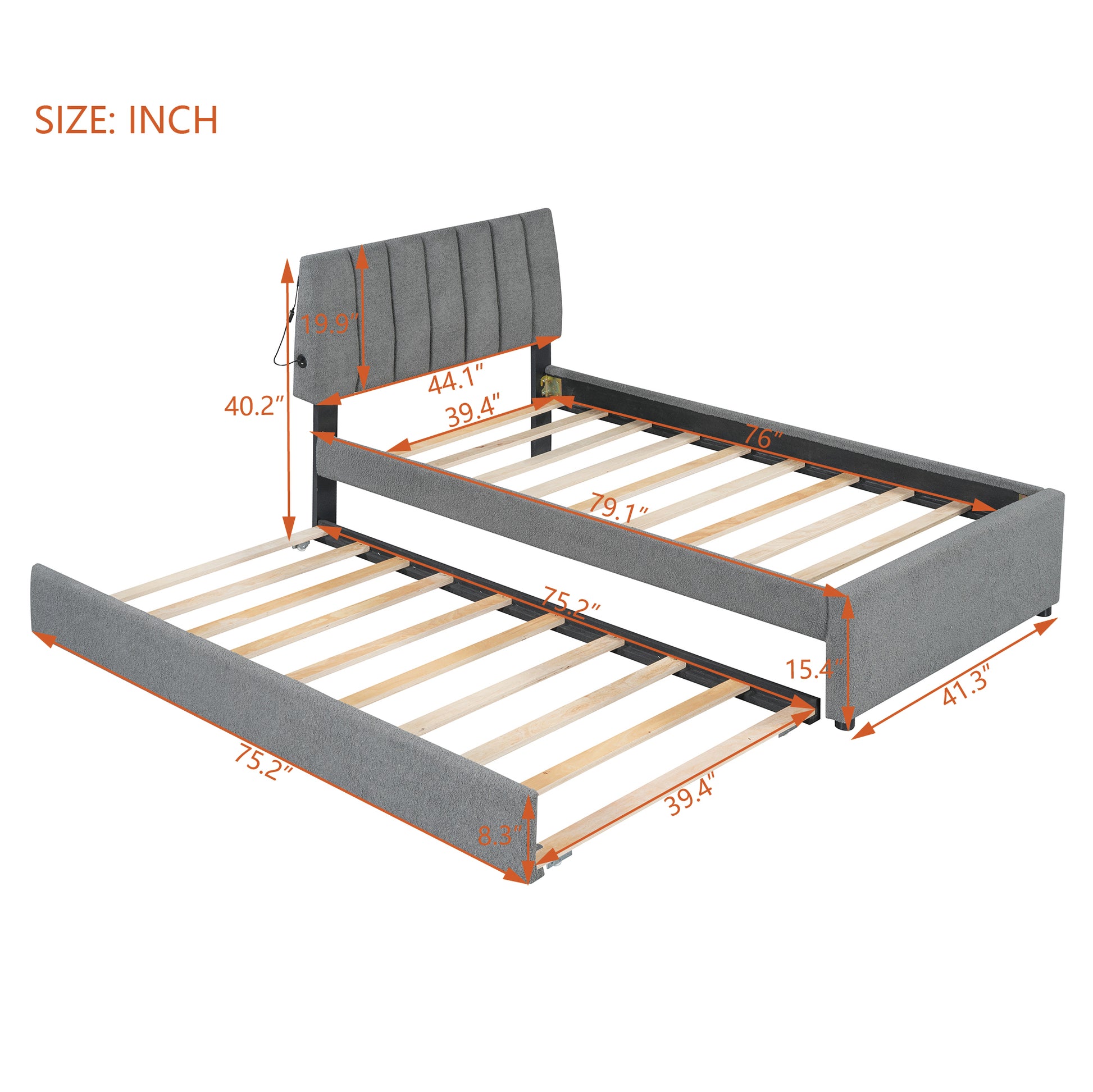 Gray upholstered twin daybed with pullout trundle showing dimensions