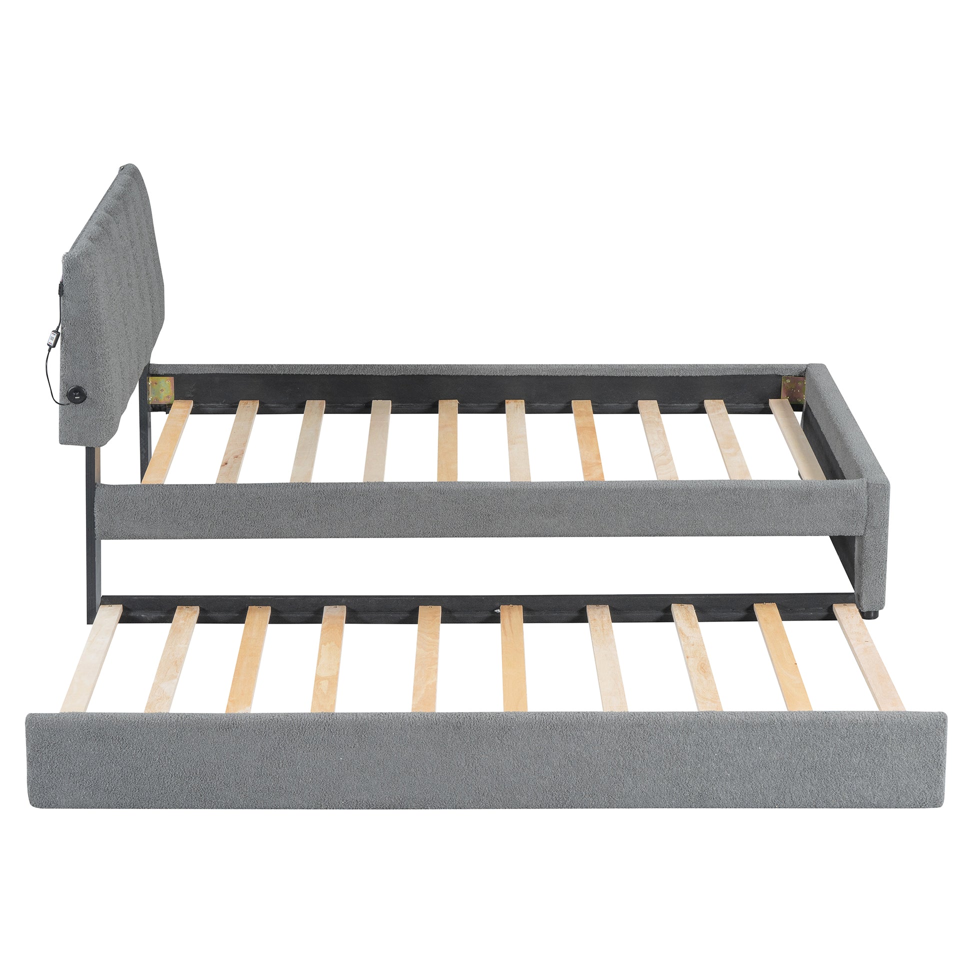 Grey upholstered daybed frame with pullout trundle and wood slats