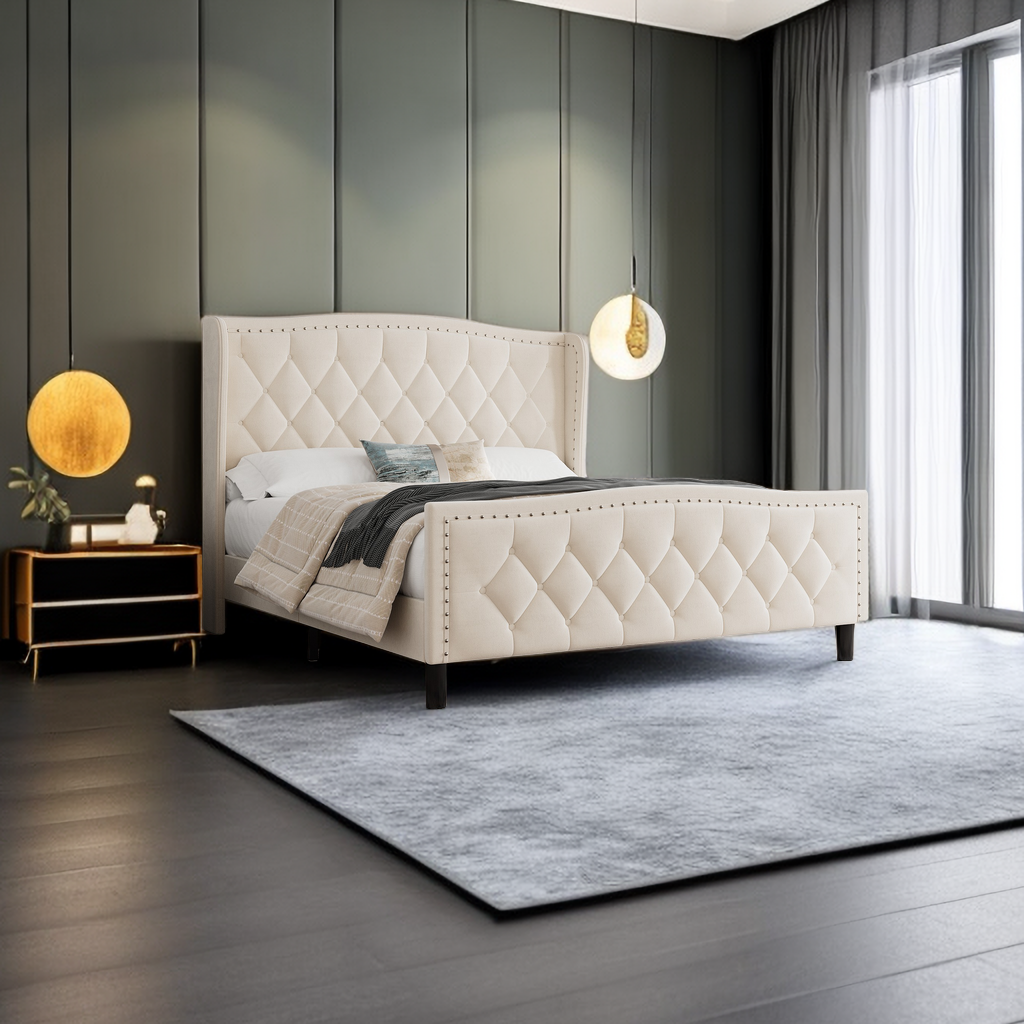 Tufted cream queen bed with diamond stitching and nailhead trim