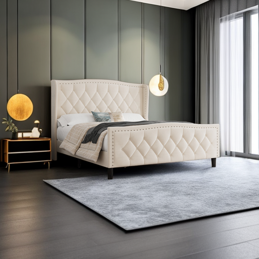 Tufted cream queen bed with diamond stitching and nailhead trim