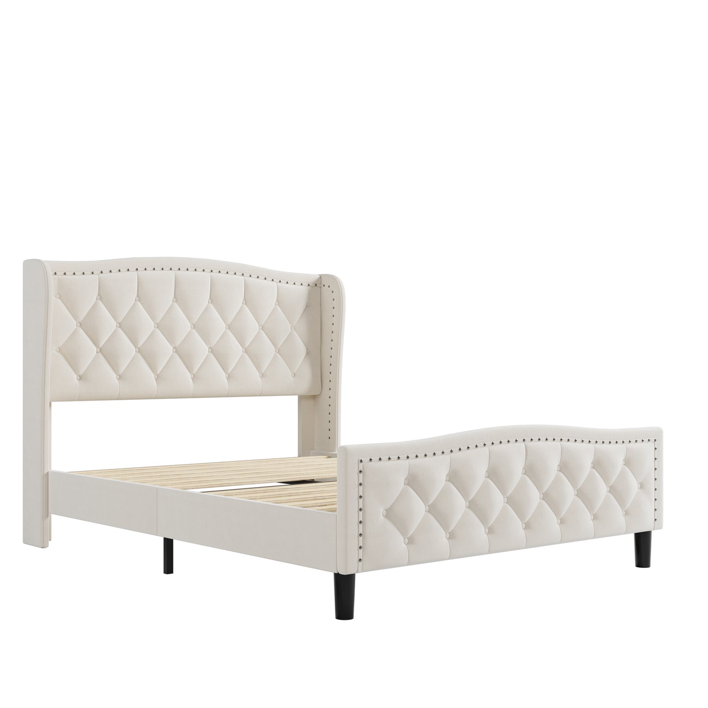 Cream velvet tufted wingback bed frame with nailhead trim