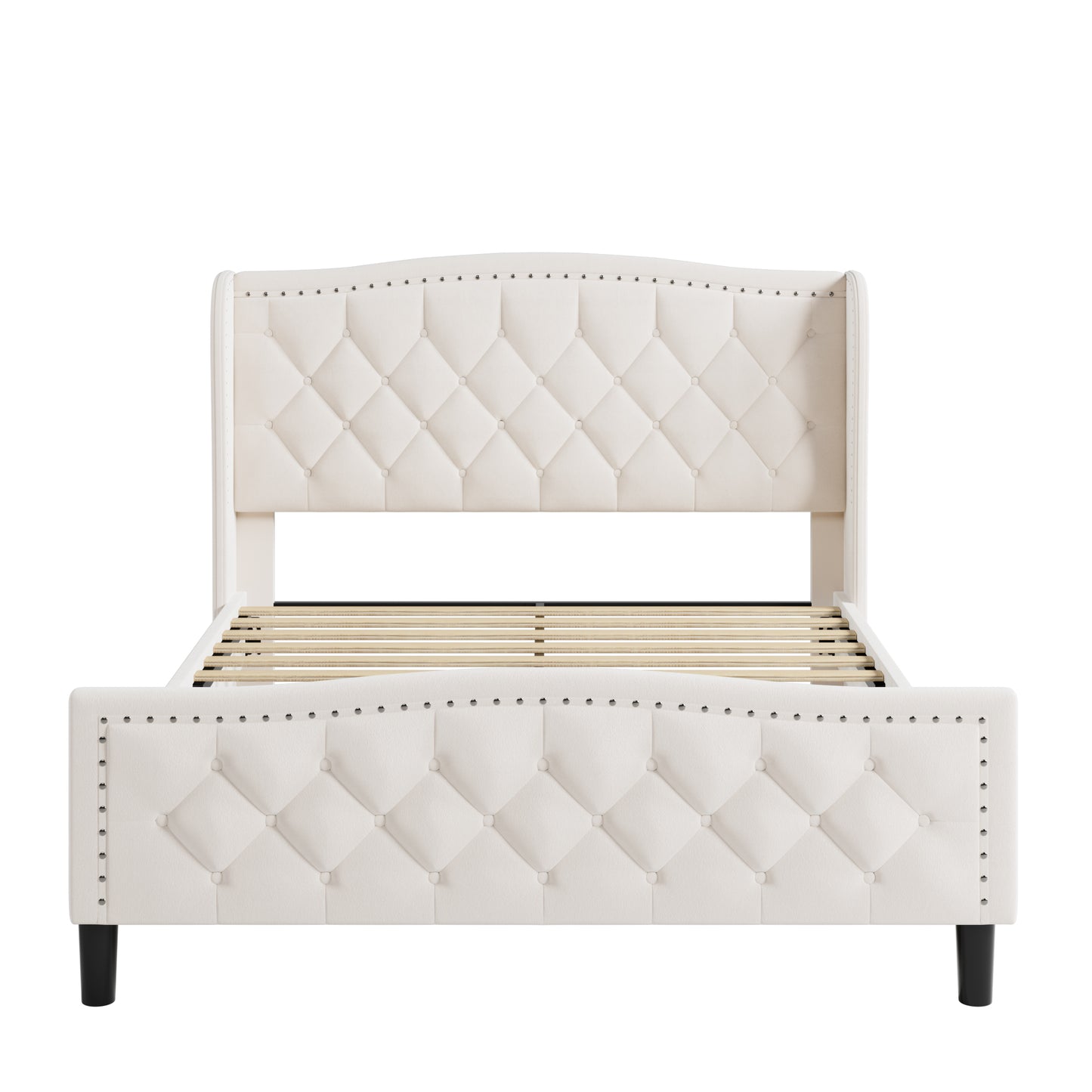 Cream upholstered queen bed frame with diamond tufting and nailhead trim