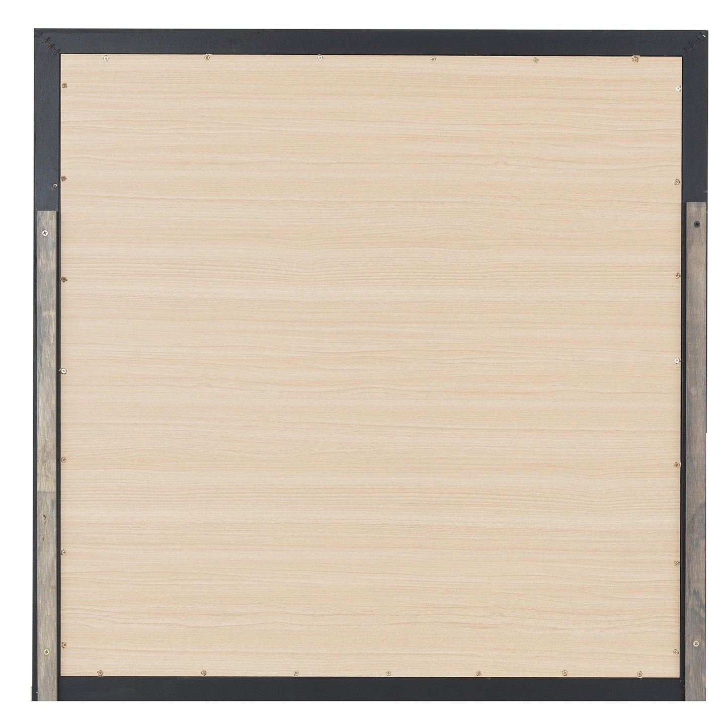 Black framed light wood panel with silver screws