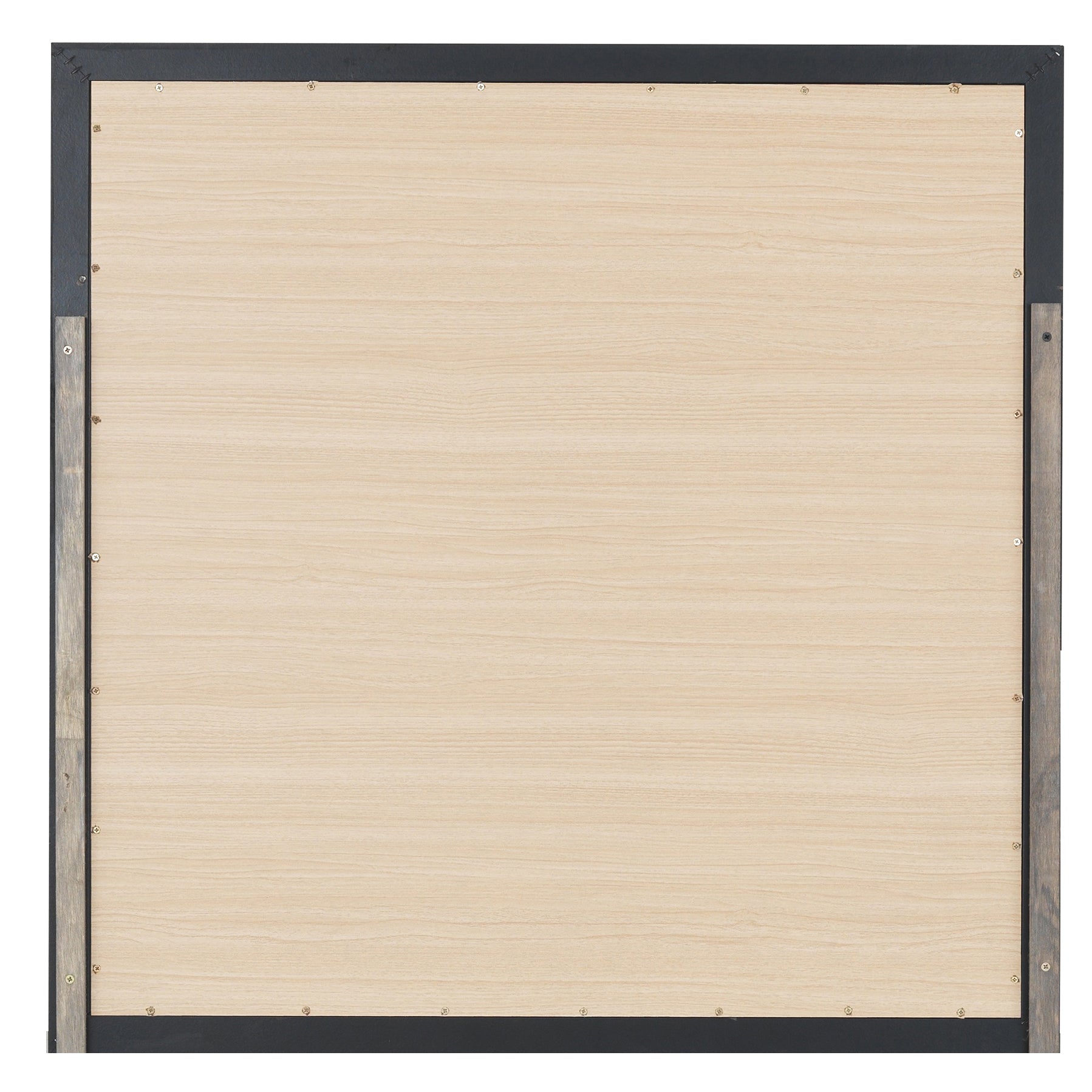 Black framed light wood panel with silver screws