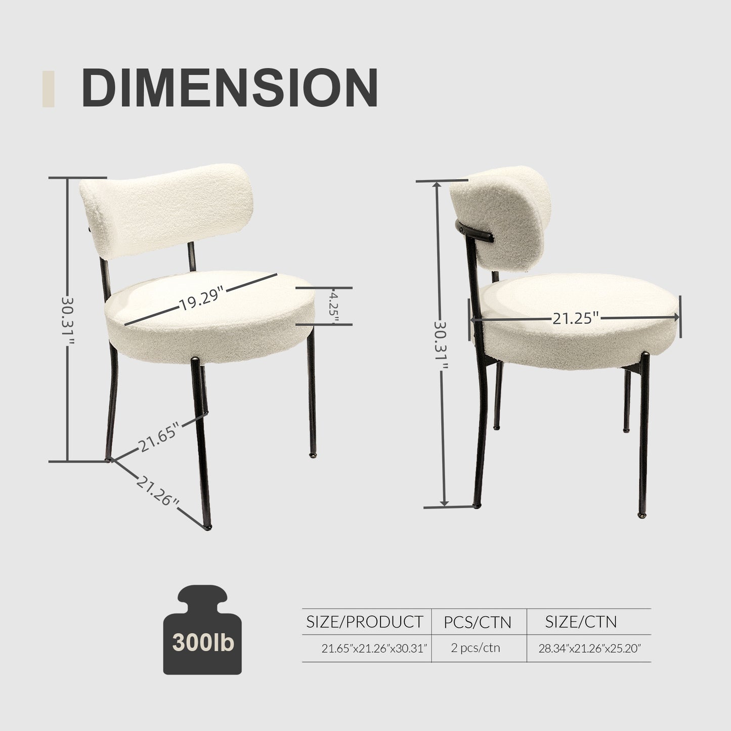 White boucle fabric accent chair with black metal legs and dimensions