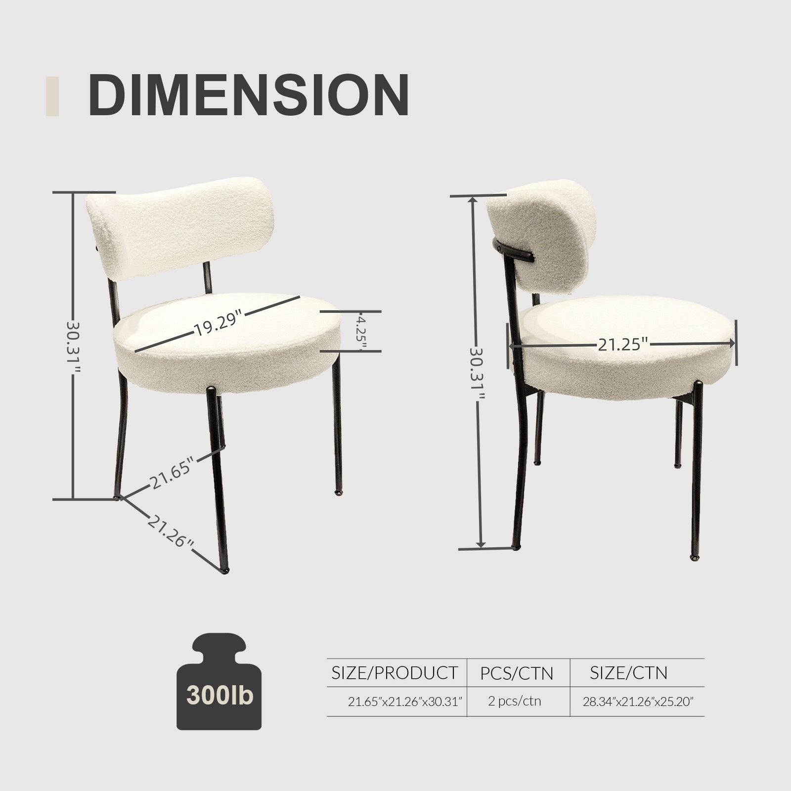 White boucle fabric accent chair with black metal legs and dimensions