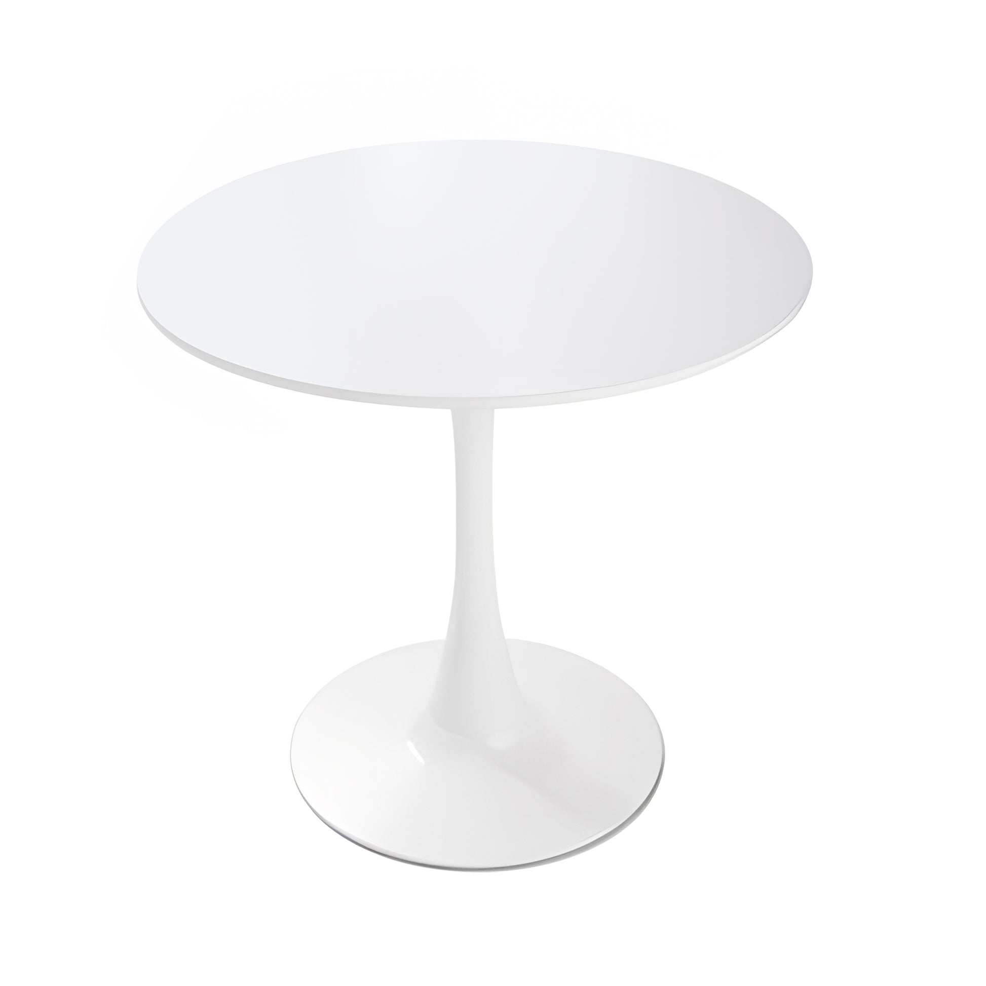 White tulip pedestal dining table with a circular top and base