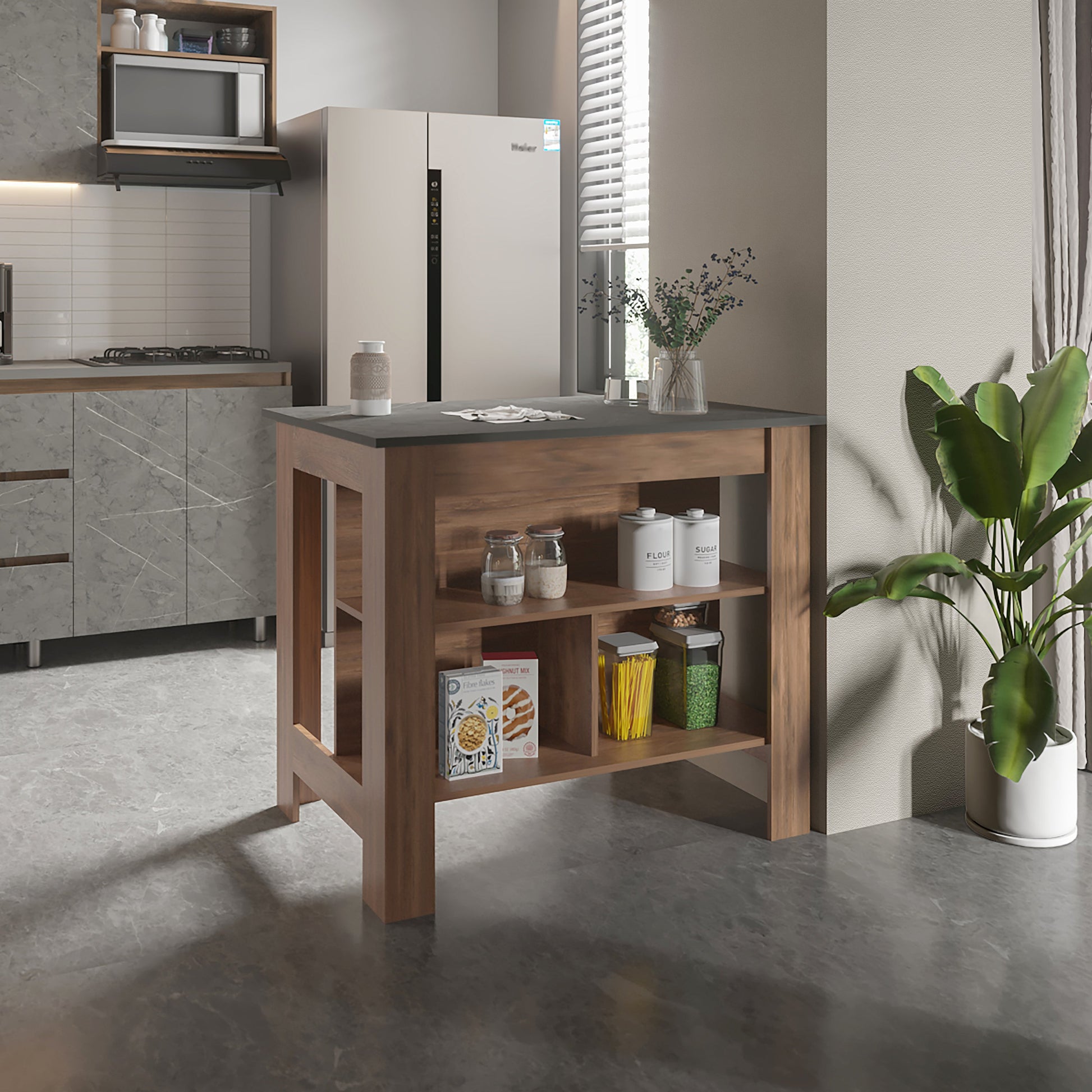 Compact kitchen island with rich walnut finish and gray countertop ideal for small kitchens