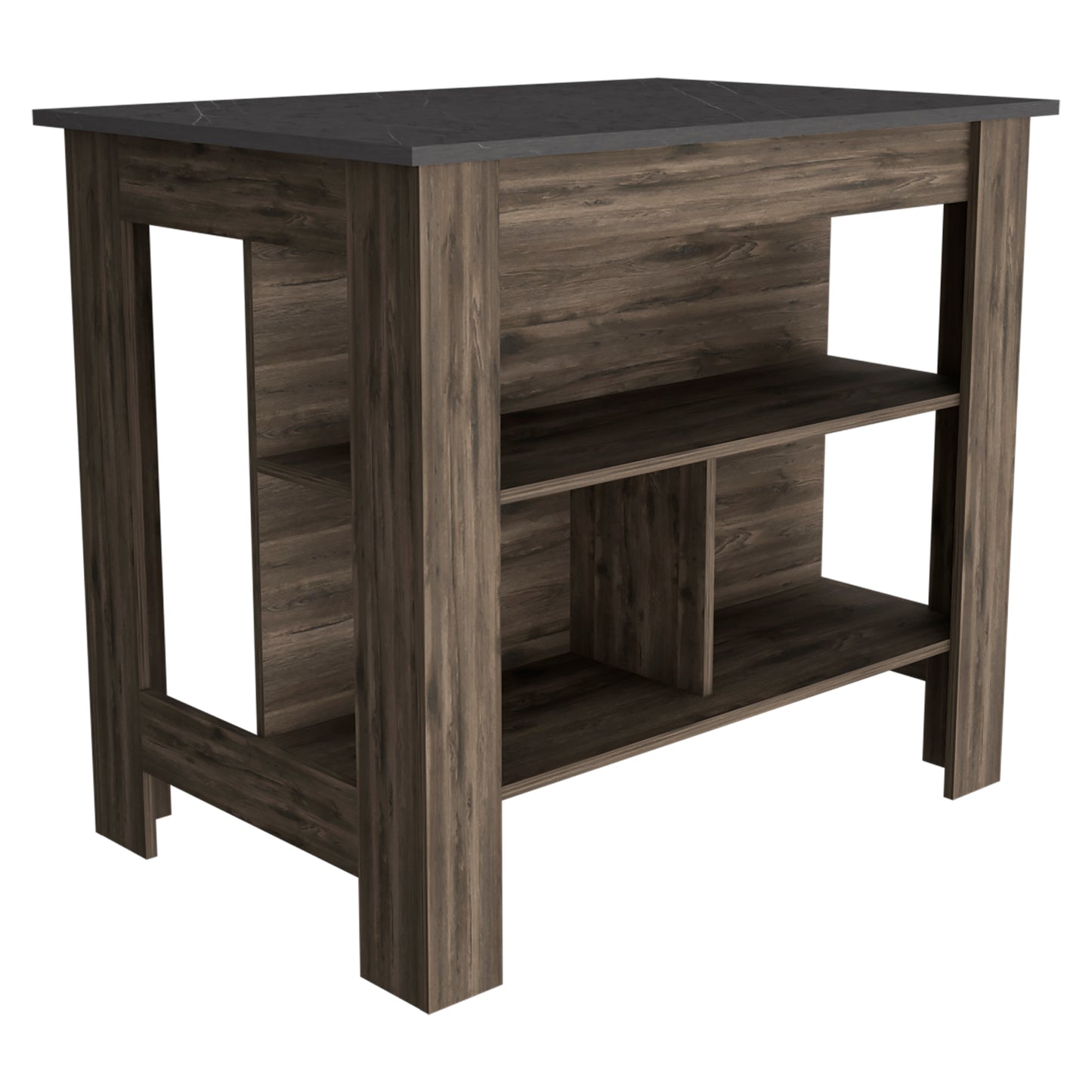 Dark wood kitchen island with black marble countertop and open shelving storage