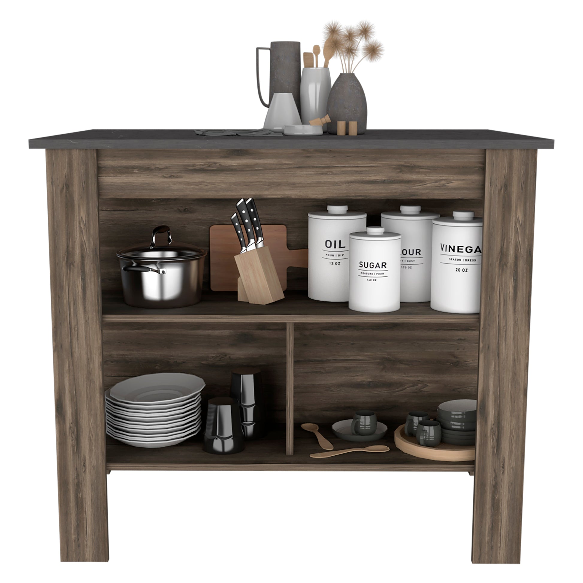 Stainless steel cooking pot with lid on dark wood shelf