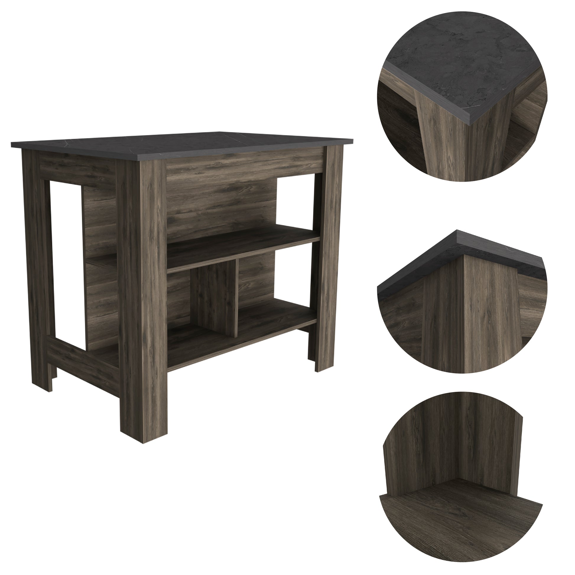 Rustic oak finish kitchen island with a dark grey laminate countertop and open shelving