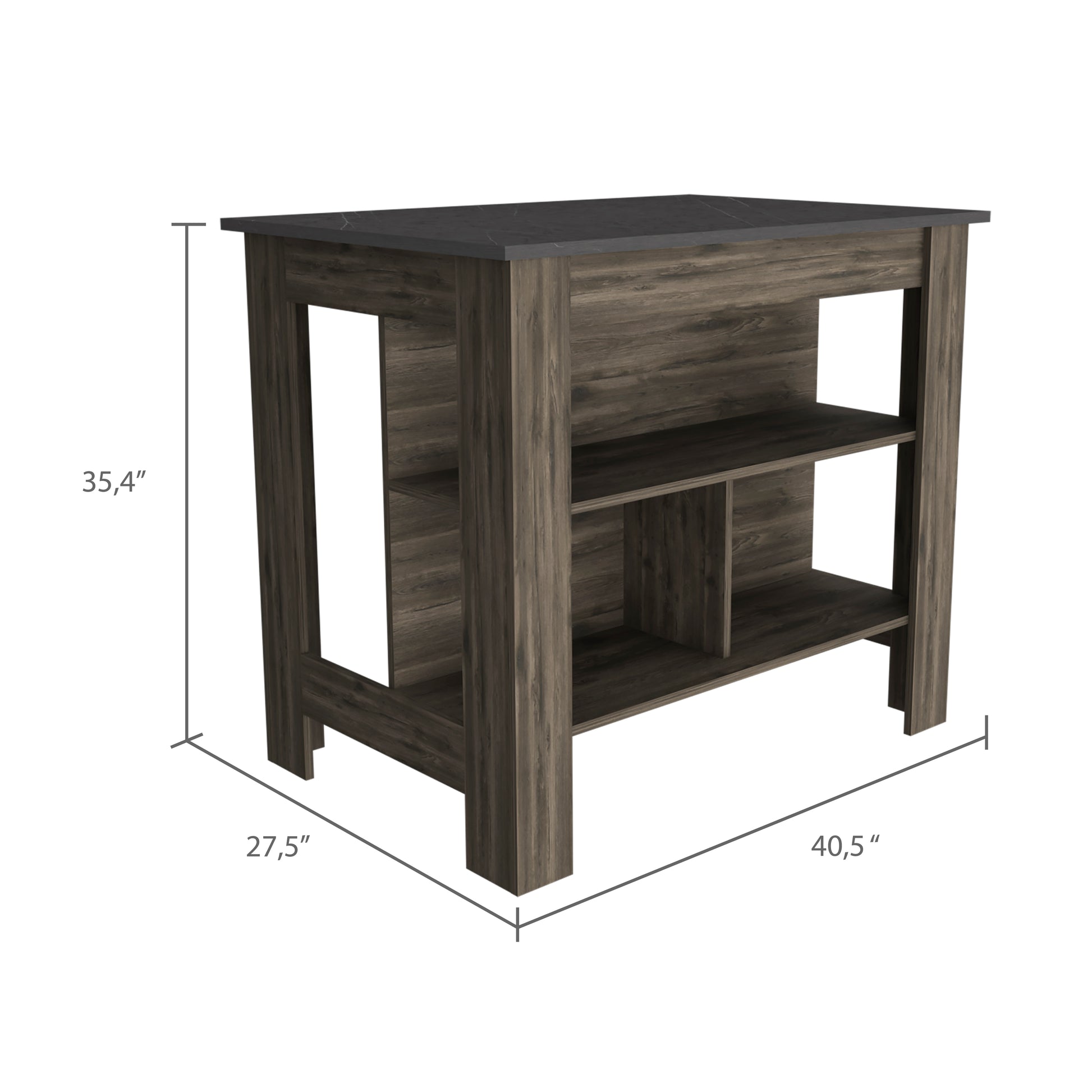 Dark wood kitchen island with black marble top and open shelving
