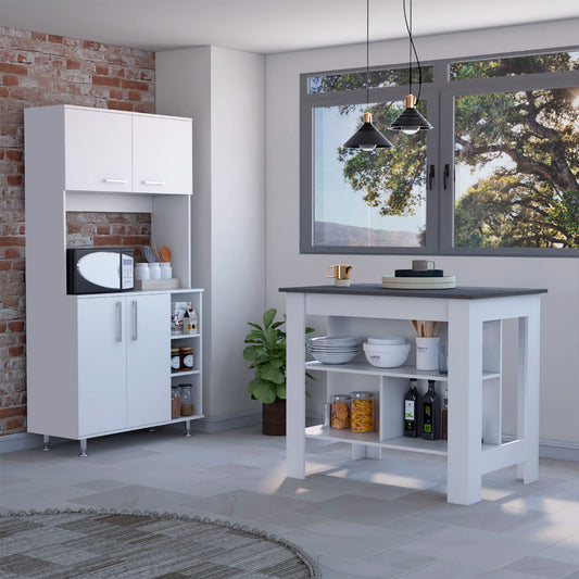 White kitchen island with dark countertop and open shelving