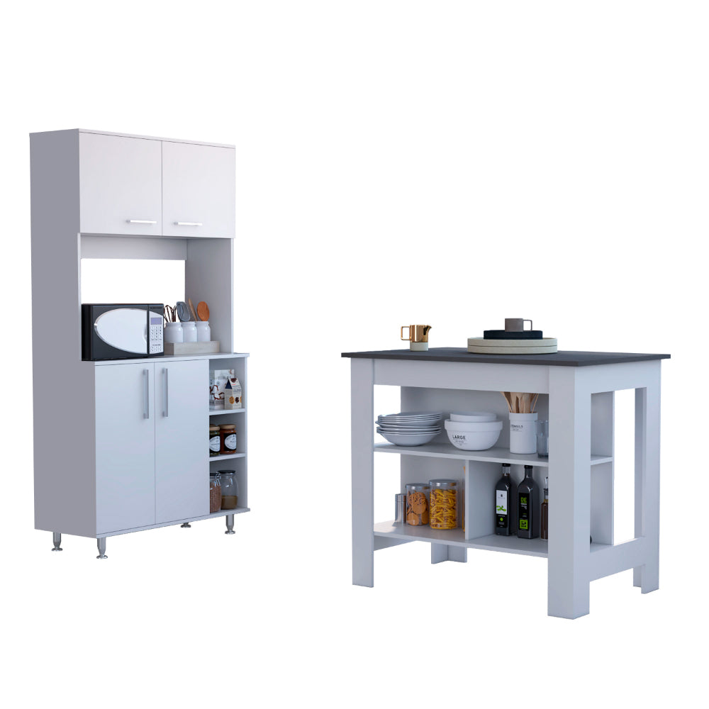 White kitchen cabinet with microwave shelf and double doors