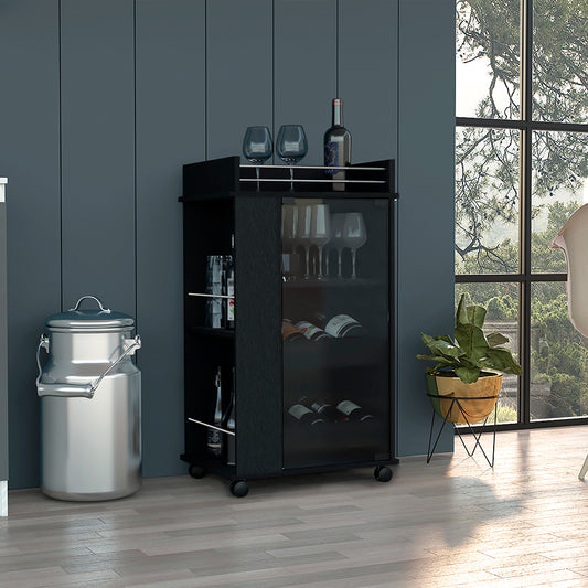 Black wine bar cart with glass doors and bottle storage