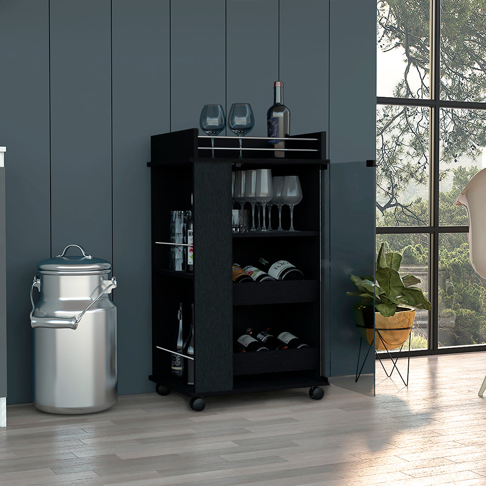 Black modern bar cart with glass shelves and wine racks