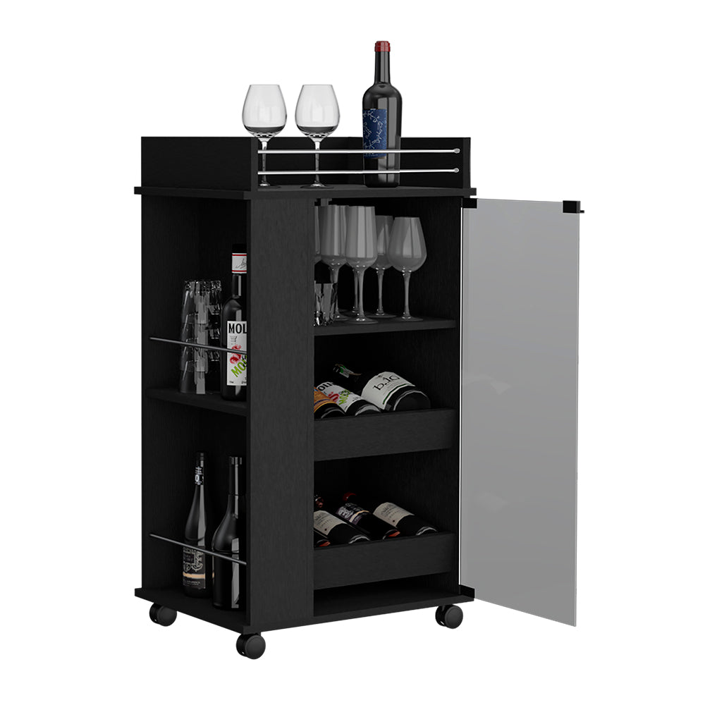 Black mobile bar cart with wine bottles and glassware